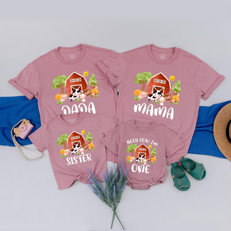 Farm Theme First Birthday Shirt with Custom Names Vibrant Barnyard Design Matching Family Tees Cow Pig Sheep Toddler Party Outfit Gift
