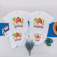 Farm Theme First Birthday Shirt with Custom Names Vibrant Barnyard Design Matching Family Tees Cow Pig Sheep Toddler Party Outfit Gift