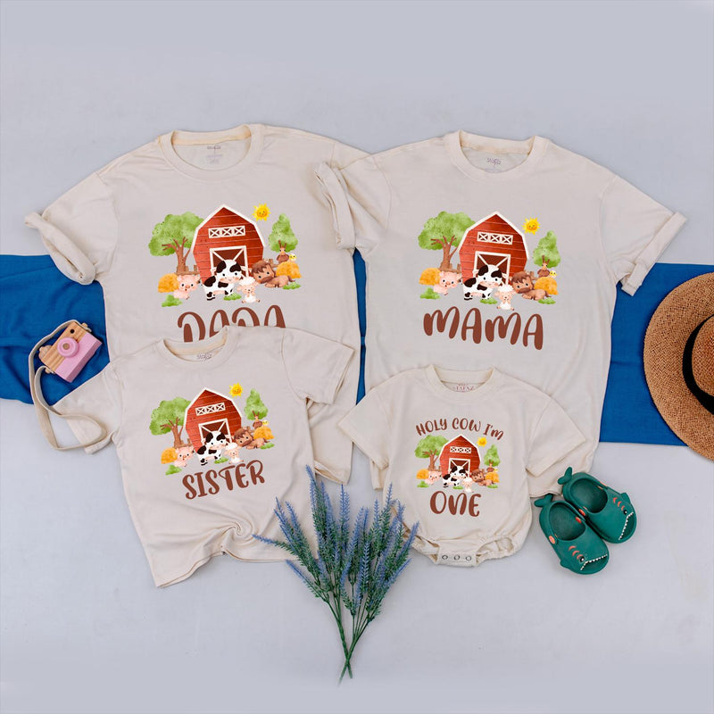 Farm Theme First Birthday Shirt with Custom Names Vibrant Barnyard Design Matching Family Tees Cow Pig Sheep Toddler Party Outfit Gift
