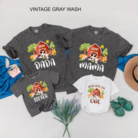 Farm Theme First Birthday Shirt with Custom Names Vibrant Barnyard Design Matching Family Tees Cow Pig Sheep Toddler Party Outfit Gift