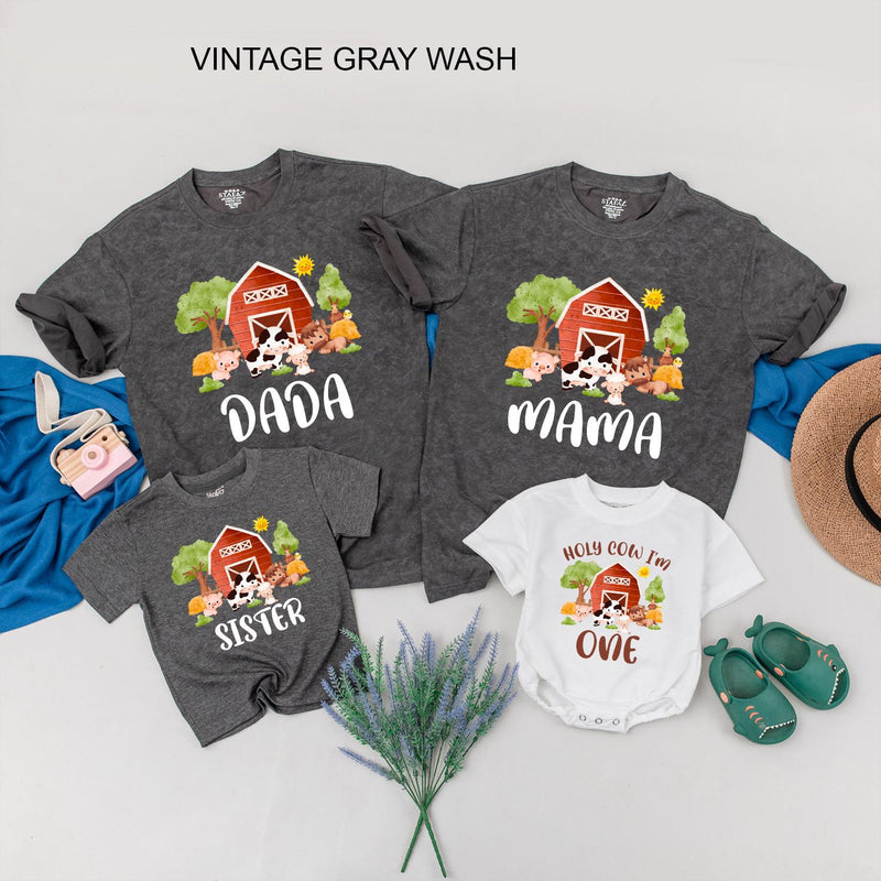 Farm Theme First Birthday Shirt with Custom Names Vibrant Barnyard Design Matching Family Tees Cow Pig Sheep Toddler Party Outfit Gift
