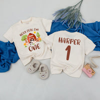 Farm Theme First Birthday Shirt with Custom Names Vibrant Barnyard Design Matching Family Tees Cow Pig Sheep Toddler Party Outfit Gift