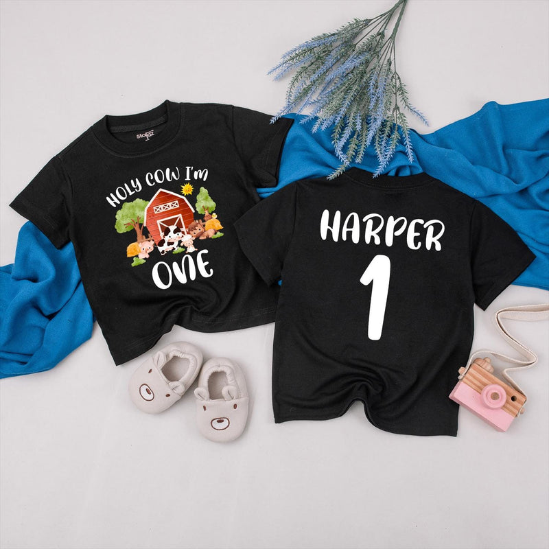 Farm Theme First Birthday Shirt with Custom Names Vibrant Barnyard Design Matching Family Tees Cow Pig Sheep Toddler Party Outfit Gift