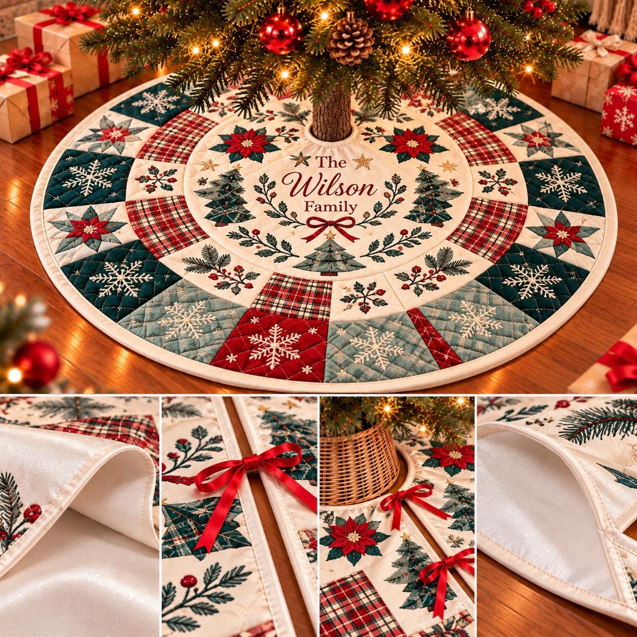Farmhouse Plaid Christmas Tree Skirt with Snowflake and Patchwork Design, Personalized Family Name Holiday Tree Mat Decor