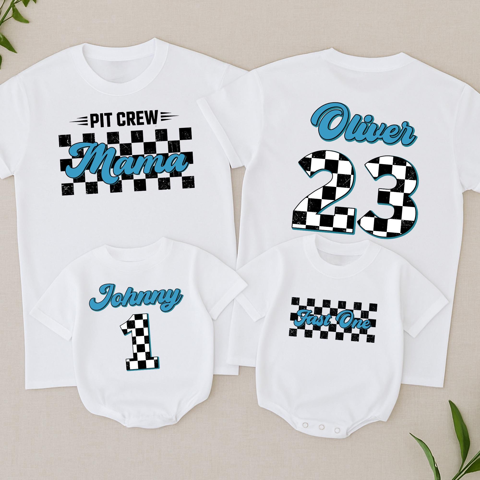 Fast One Birthday Racing Tee for Boys Checkered Flag Theme Personalized Family Pit Crew Shirts 1st Birthday Outfit Custom Name