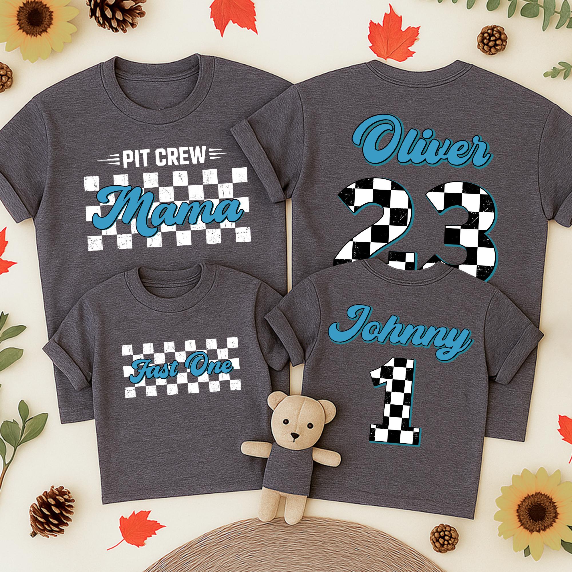 Fast One Birthday Racing Tee for Boys Checkered Flag Theme Personalized Family Pit Crew Shirts 1st Birthday Outfit Custom Name