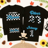 Fast One Birthday Racing Tee for Boys Checkered Flag Theme Personalized Family Pit Crew Shirts 1st Birthday Outfit Custom Name