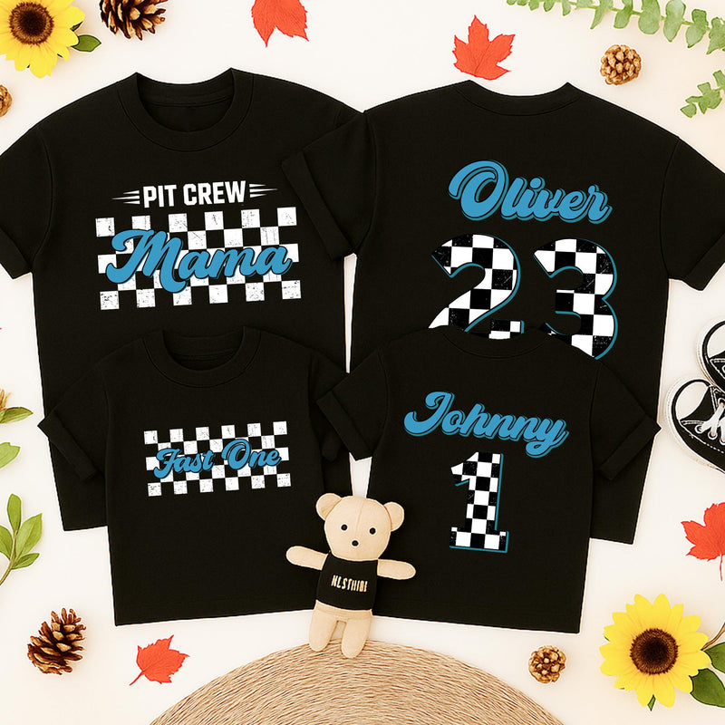 Fast One Birthday Racing Tee for Boys Checkered Flag Theme Personalized Family Pit Crew Shirts 1st Birthday Outfit Custom Name