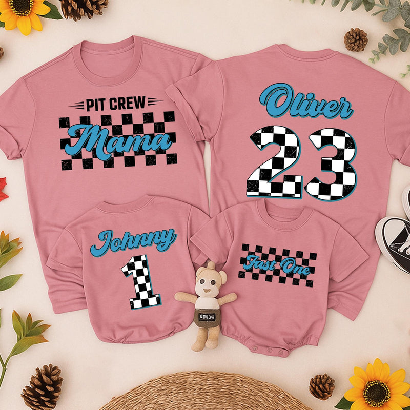 Fast One Birthday Racing Tee for Boys Checkered Flag Theme Personalized Family Pit Crew Shirts 1st Birthday Outfit Custom Name