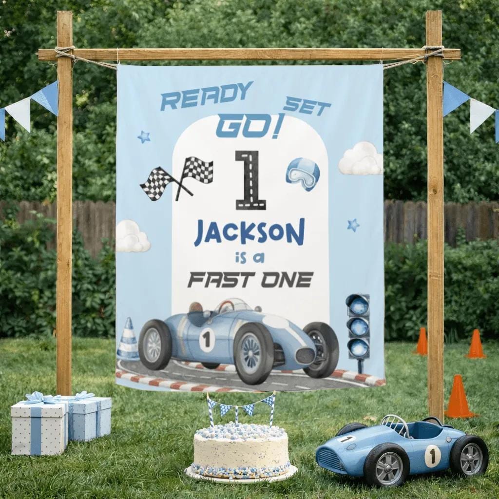 Fast One Race Car Birthday Banner Personalized with Name Light Blue Racing Theme Custom 1st Birthday Party Backdrop for Baby Boy
