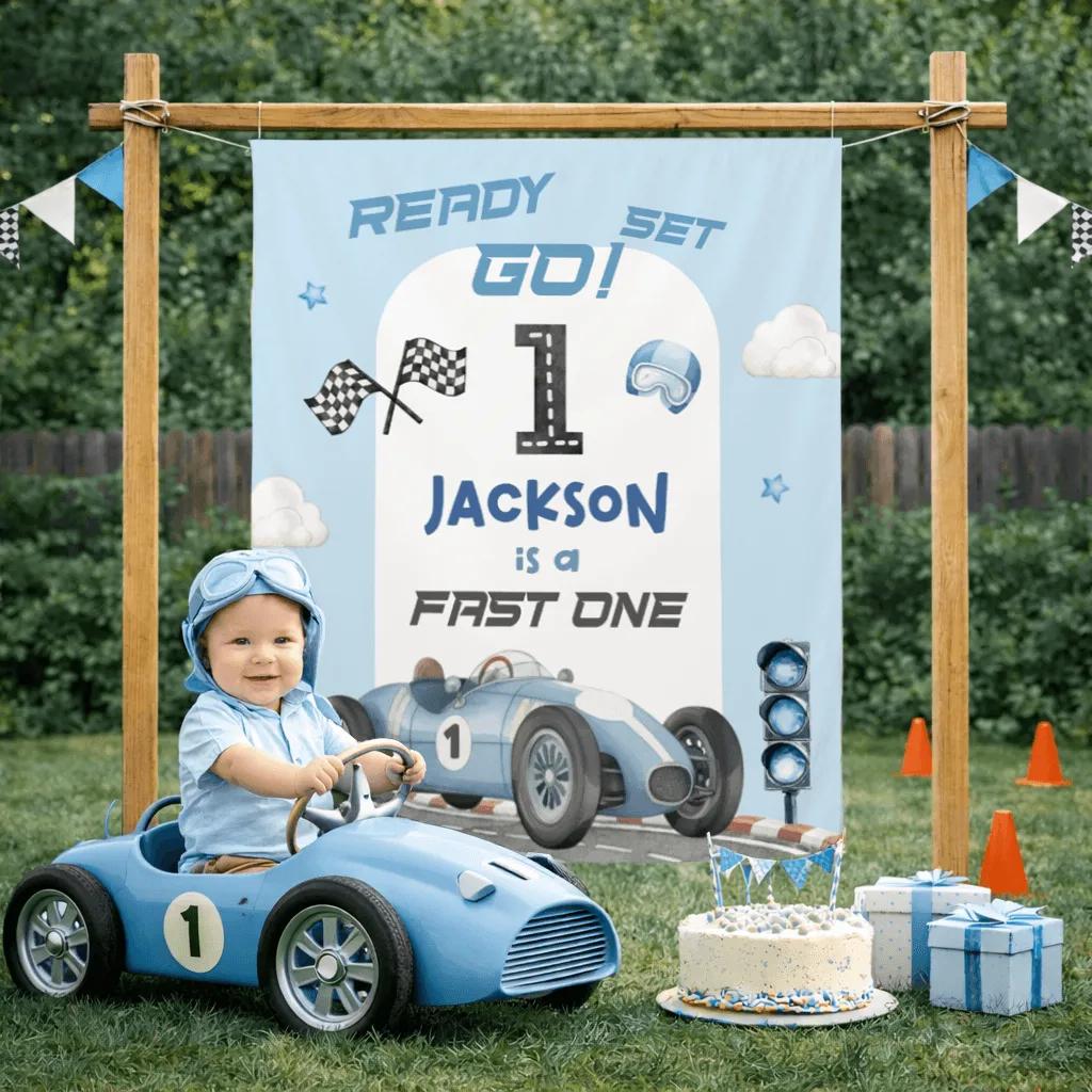 Fast One Race Car Birthday Banner Personalized with Name Light Blue Racing Theme Custom 1st Birthday Party Backdrop for Baby Boy