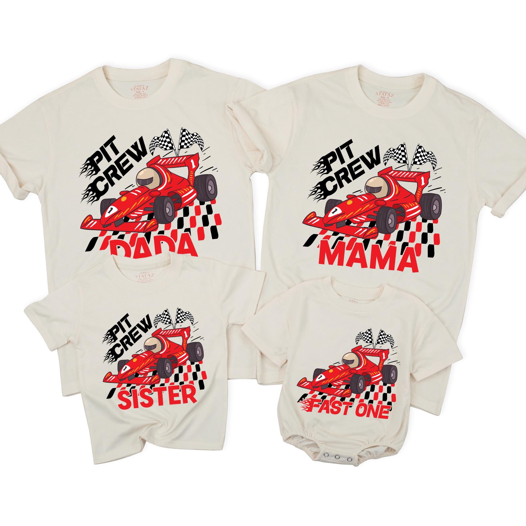 Fast One Race Car Birthday Outfit for Family - Pit Crew Mama, Dada, Sister, Brother Tees & Baby Romper for 1st Birthday