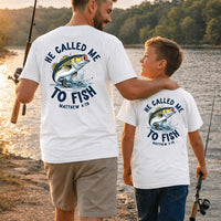 Father Son Christian Fishing Shirts with Leaping Bass Design Matthew 4:19 Faith-Based Outfit Matching Fishing Shirts for Dad and Son