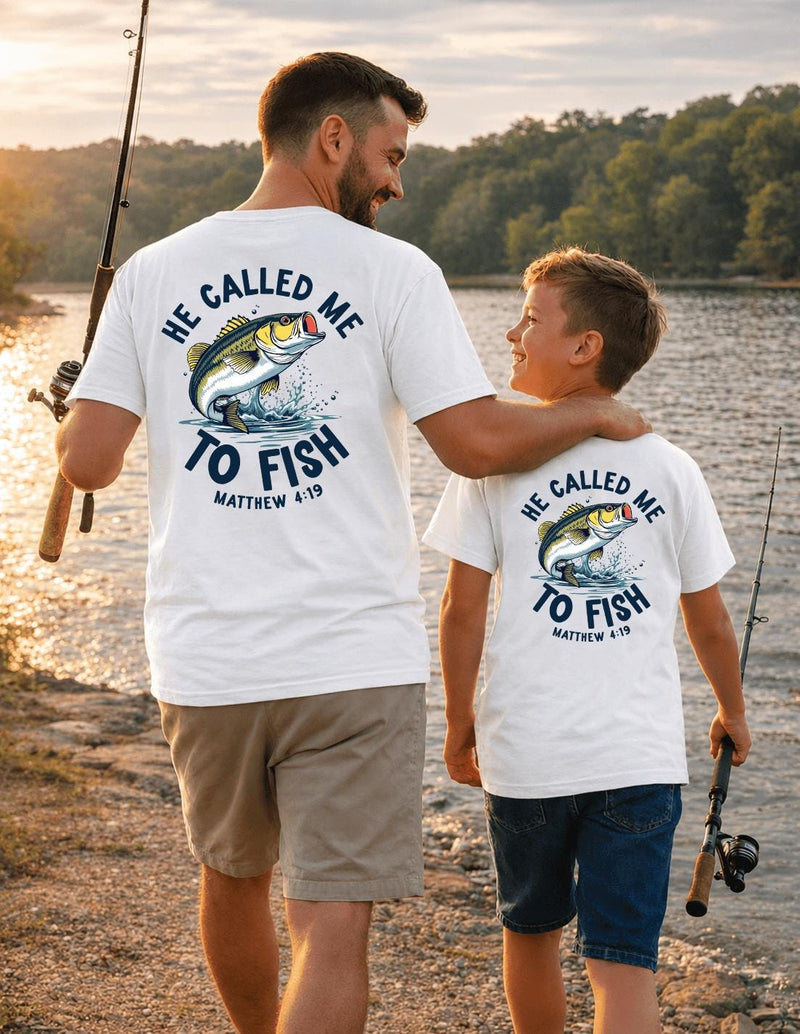 Father Son Christian Fishing Shirts with Leaping Bass Design Matthew 4:19 Faith-Based Outfit Matching Fishing Shirts for Dad and Son