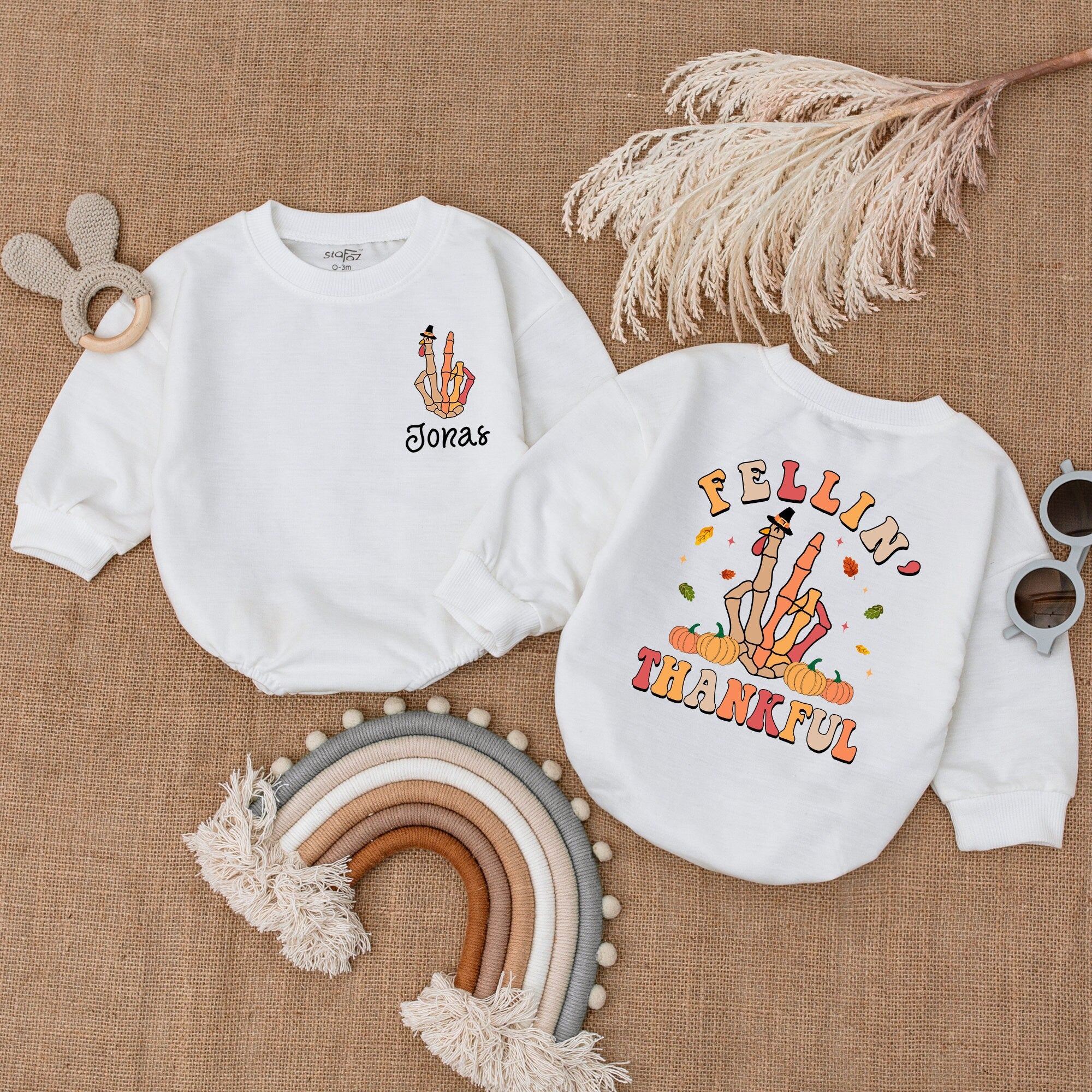 Feelin' Thankful Baby Romper Skull Hand Turkey Design Fall Outfit Autumn Infant Clothes First Thanksgiving Soft Cotton Bodysuit