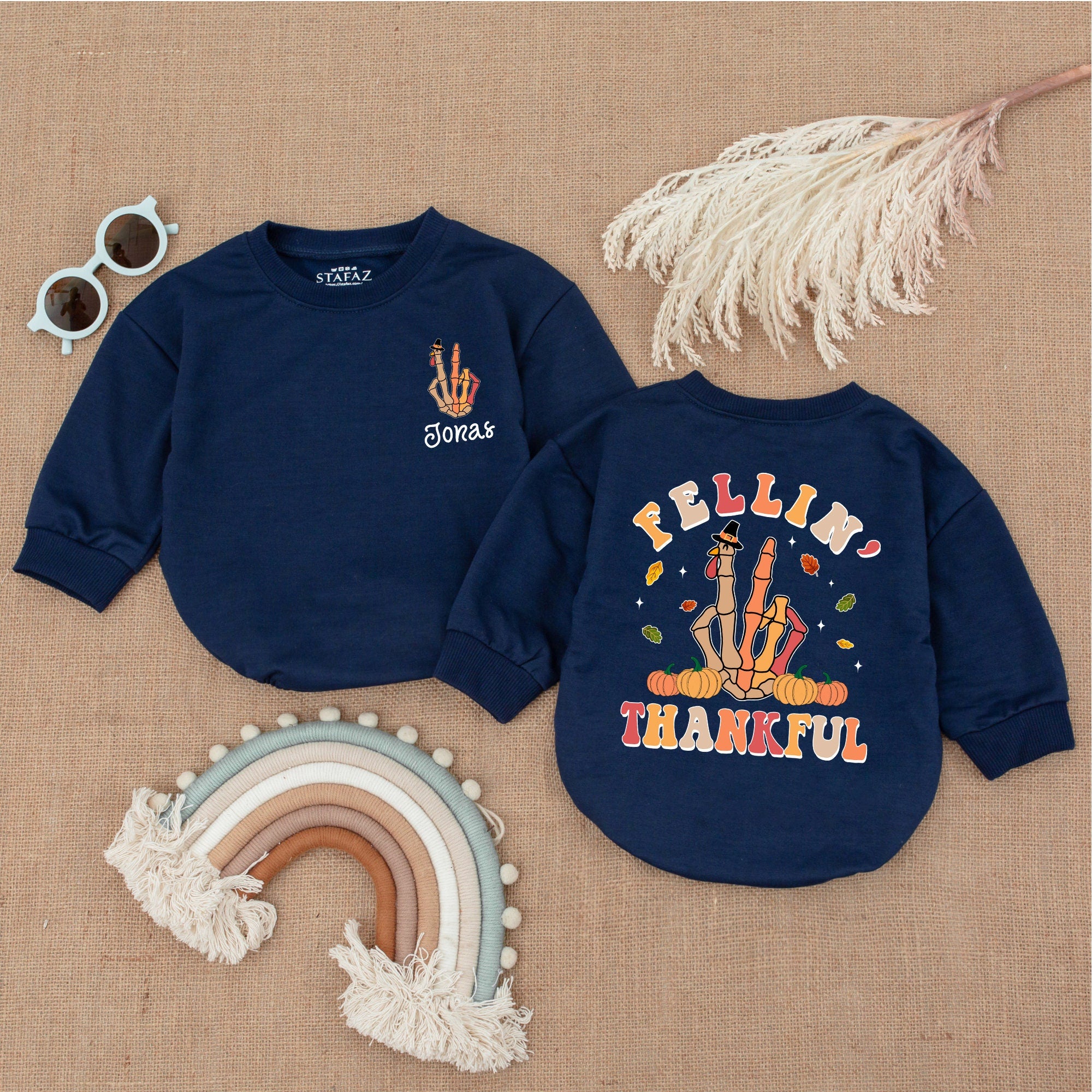 Feelin' Thankful Baby Romper Skull Hand Turkey Design Fall Outfit Autumn Infant Clothes First Thanksgiving Soft Cotton Bodysuit