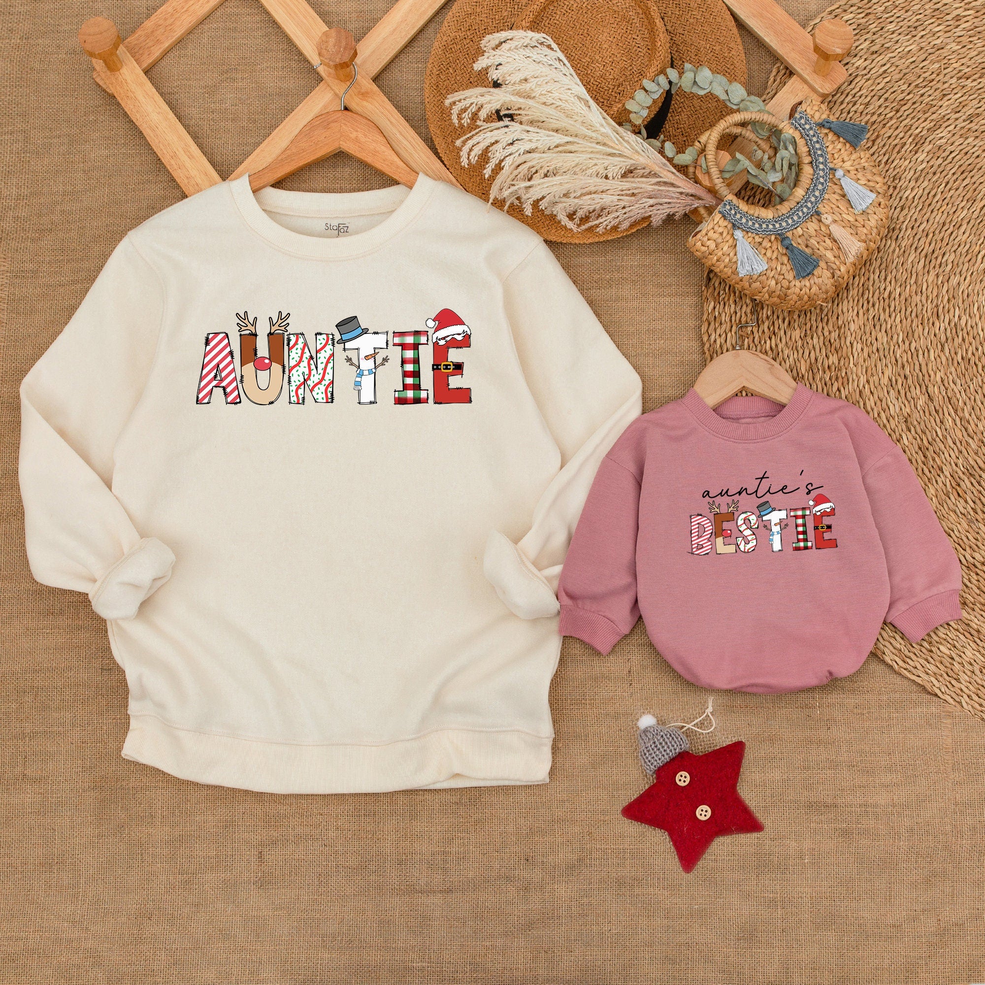 Festive Auntie and Me Matching Sweatshirts Holiday Design Santa Hat Antlers Soft Cotton Baby Toddler Girl Boy Outfit Gift