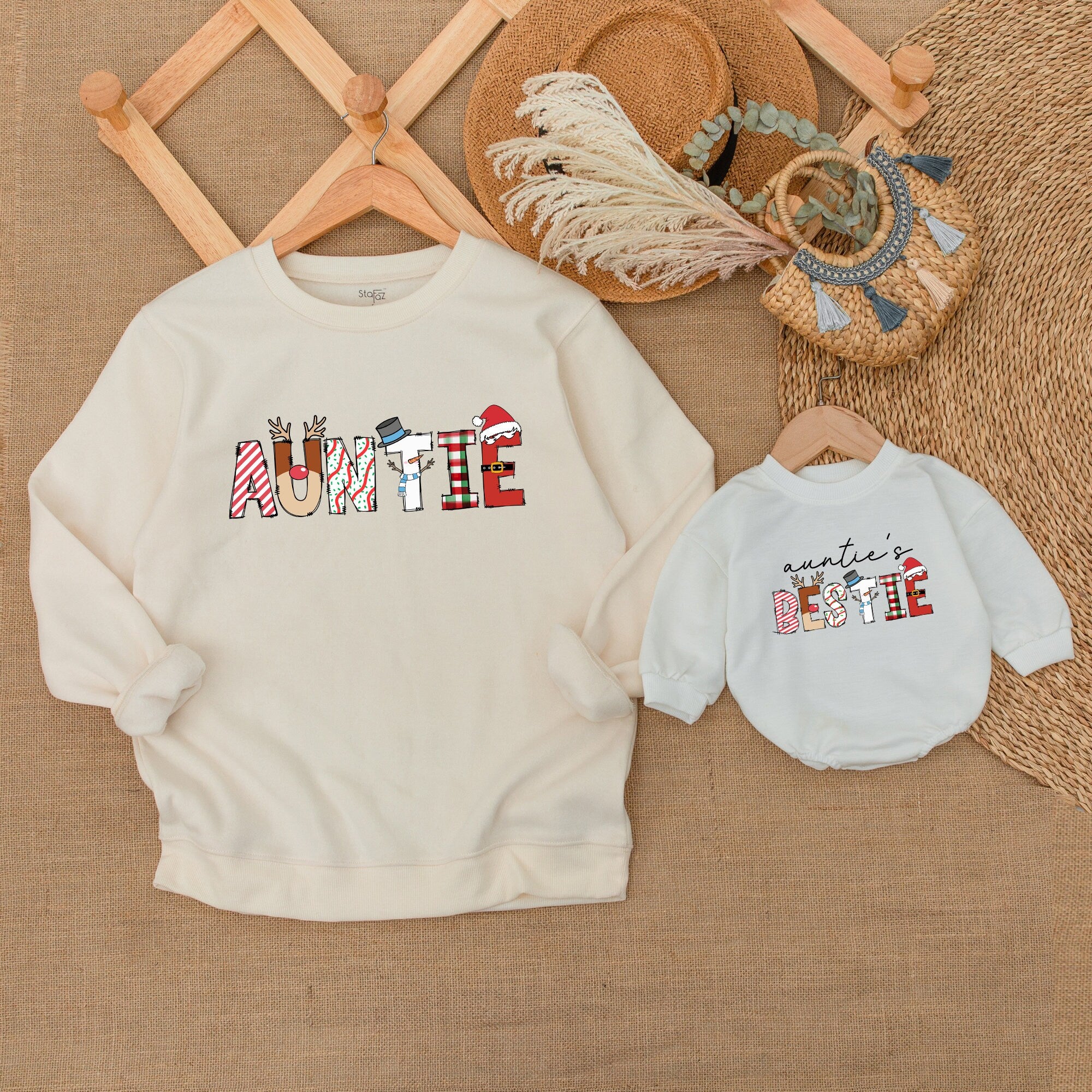 Festive Auntie and Me Matching Sweatshirts Holiday Design Santa Hat Antlers Soft Cotton Baby Toddler Girl Boy Outfit Gift