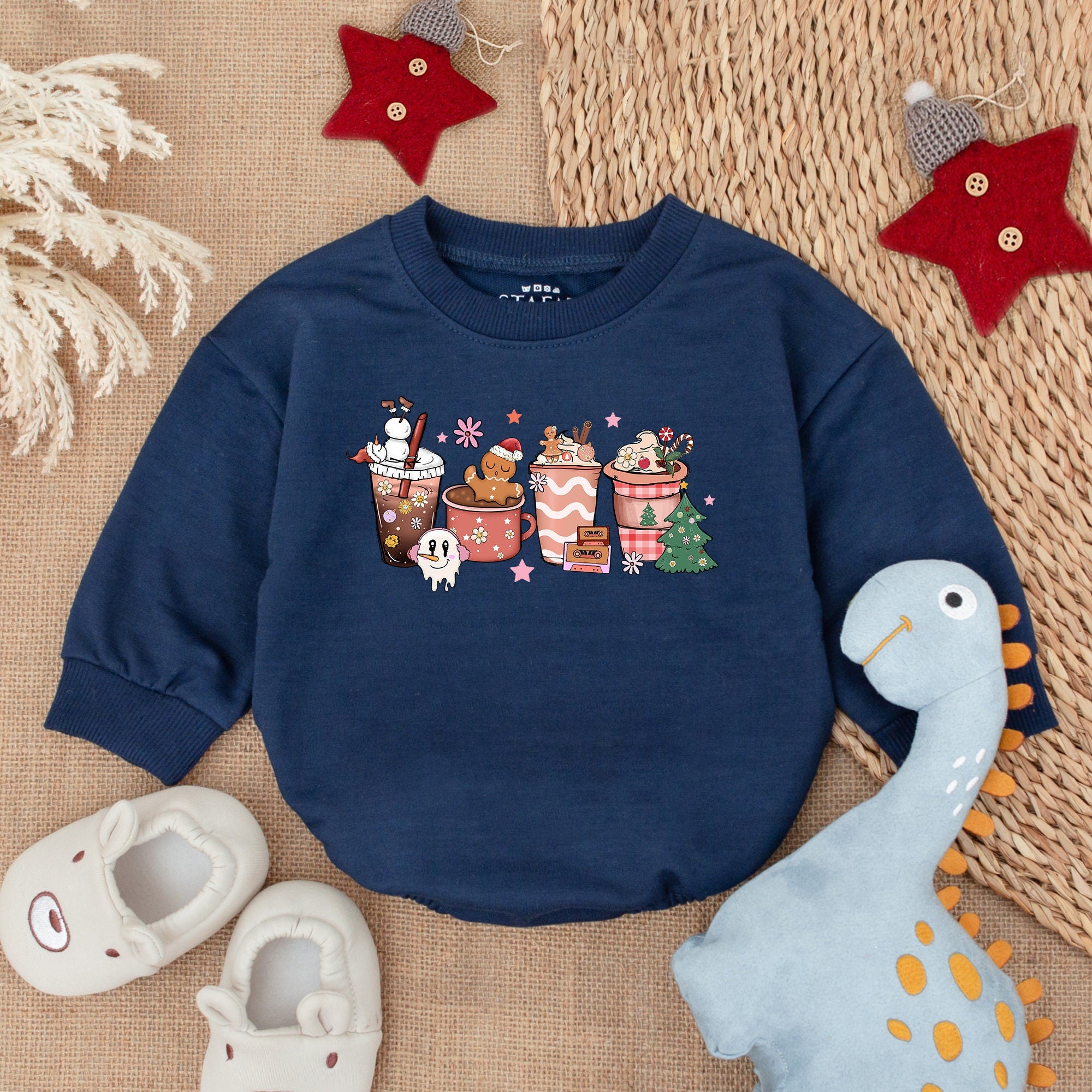 Festive Baby's First Christmas Romper with Holiday Coffee Cup Design Soft Cotton Outfit Newborn Infant Gift Whimsical Ghost Tree Print