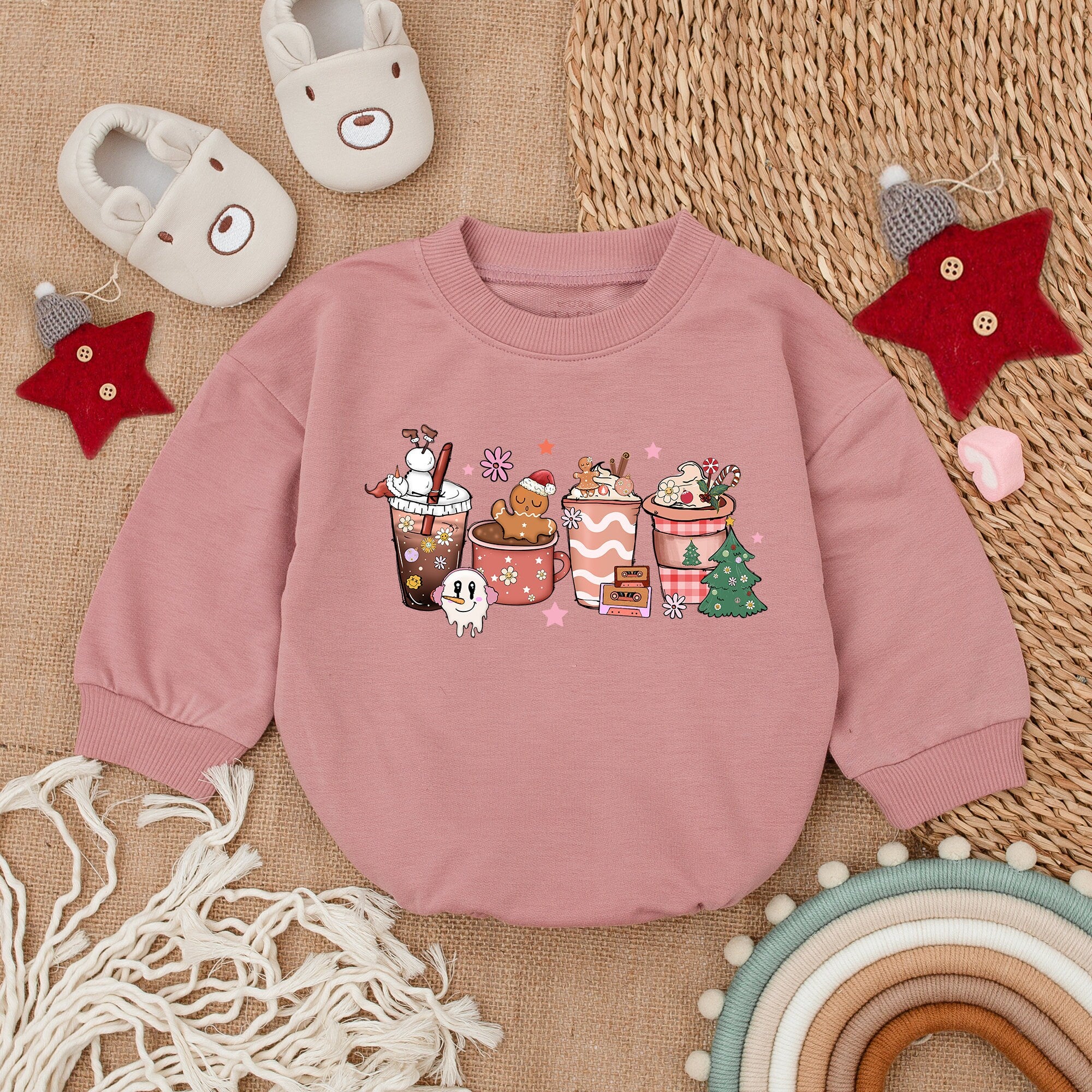 Festive Baby's First Christmas Romper with Holiday Coffee Cup Design Soft Cotton Outfit Newborn Infant Gift Whimsical Ghost Tree Print