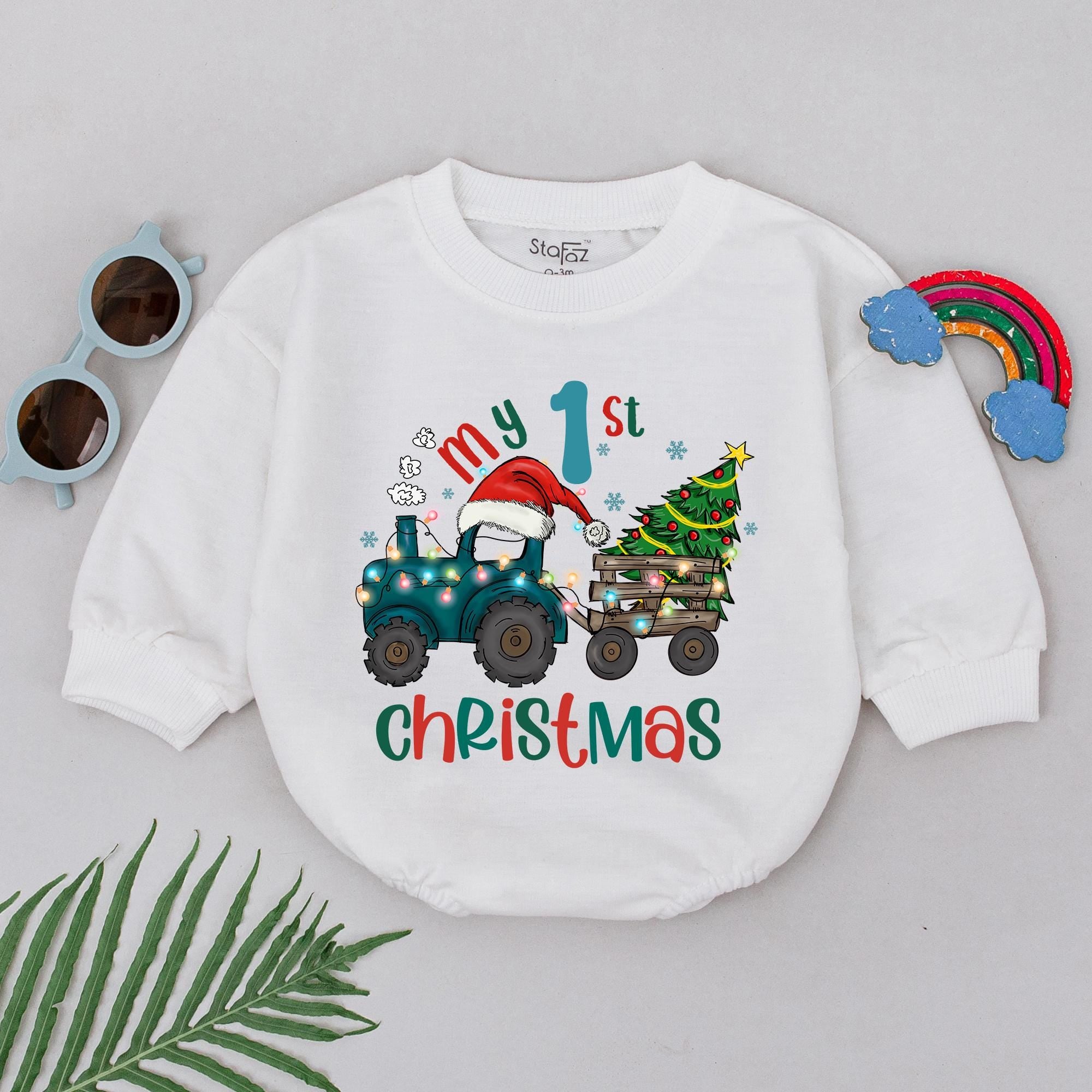 Festive Blue Tractor Romper My 1st Christmas Outfit Baby Girls Boys Holiday Gift Soft Cotton Newborn Infant Celebration Apparel