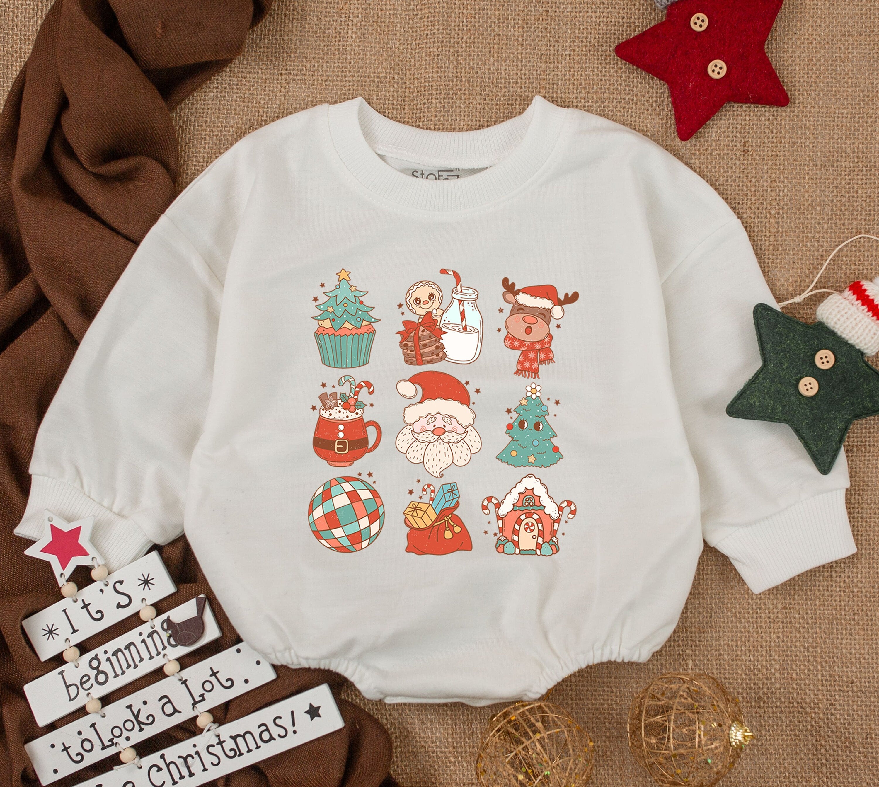 Festive Christmas Baby Outfit Romper Toddler Sweatshirt 1st Xmas Holiday Gift Cute Cartoon Style Santa Tree Reindeer Snowman