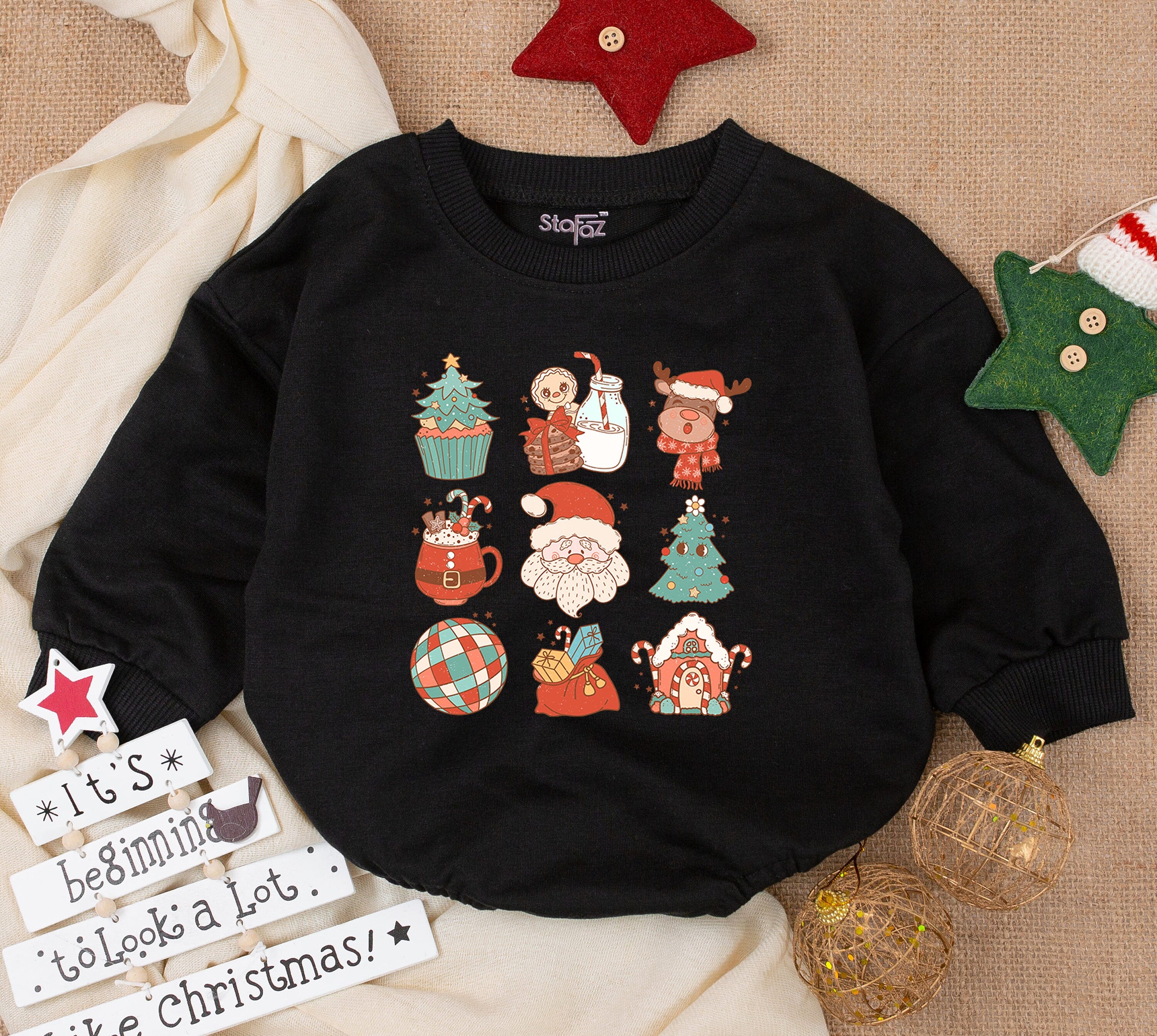 Festive Christmas Baby Outfit Romper Toddler Sweatshirt 1st Xmas Holiday Gift Cute Cartoon Style Santa Tree Reindeer Snowman