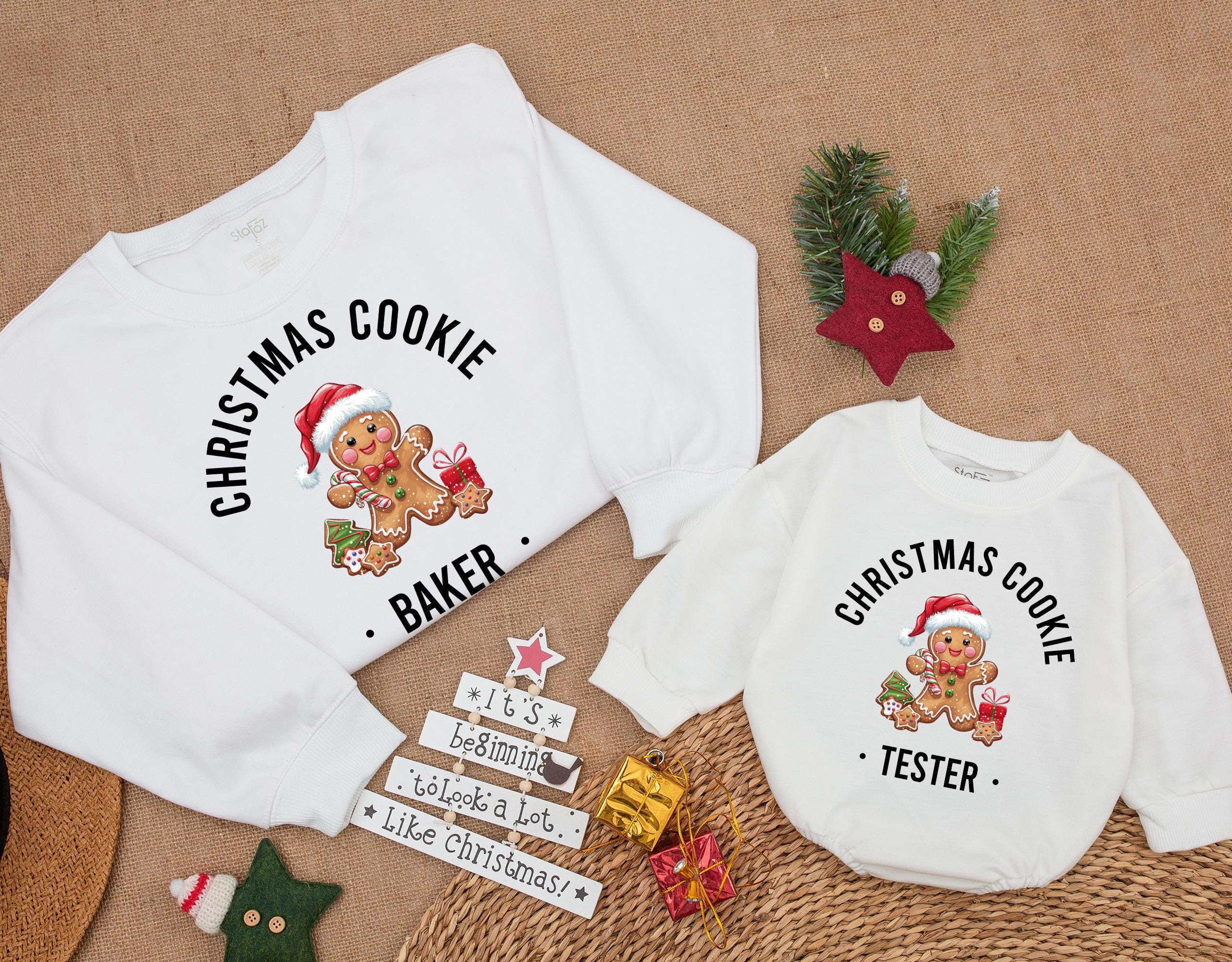 Festive Christmas Cookie Baker and Tester Sweatshirt for Mom and Baby Matching Outfit Cozy Holiday Gingerbread Santa Hat Romper Gift