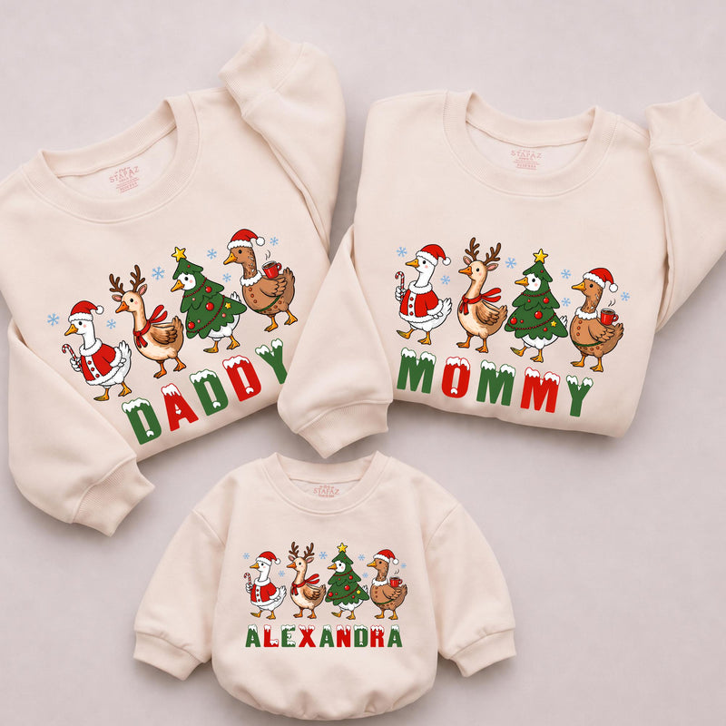 Festive Christmas Goose & Tree Family Sweatshirts with Custom Names, Matching Holiday Outfits for Parents and Kids