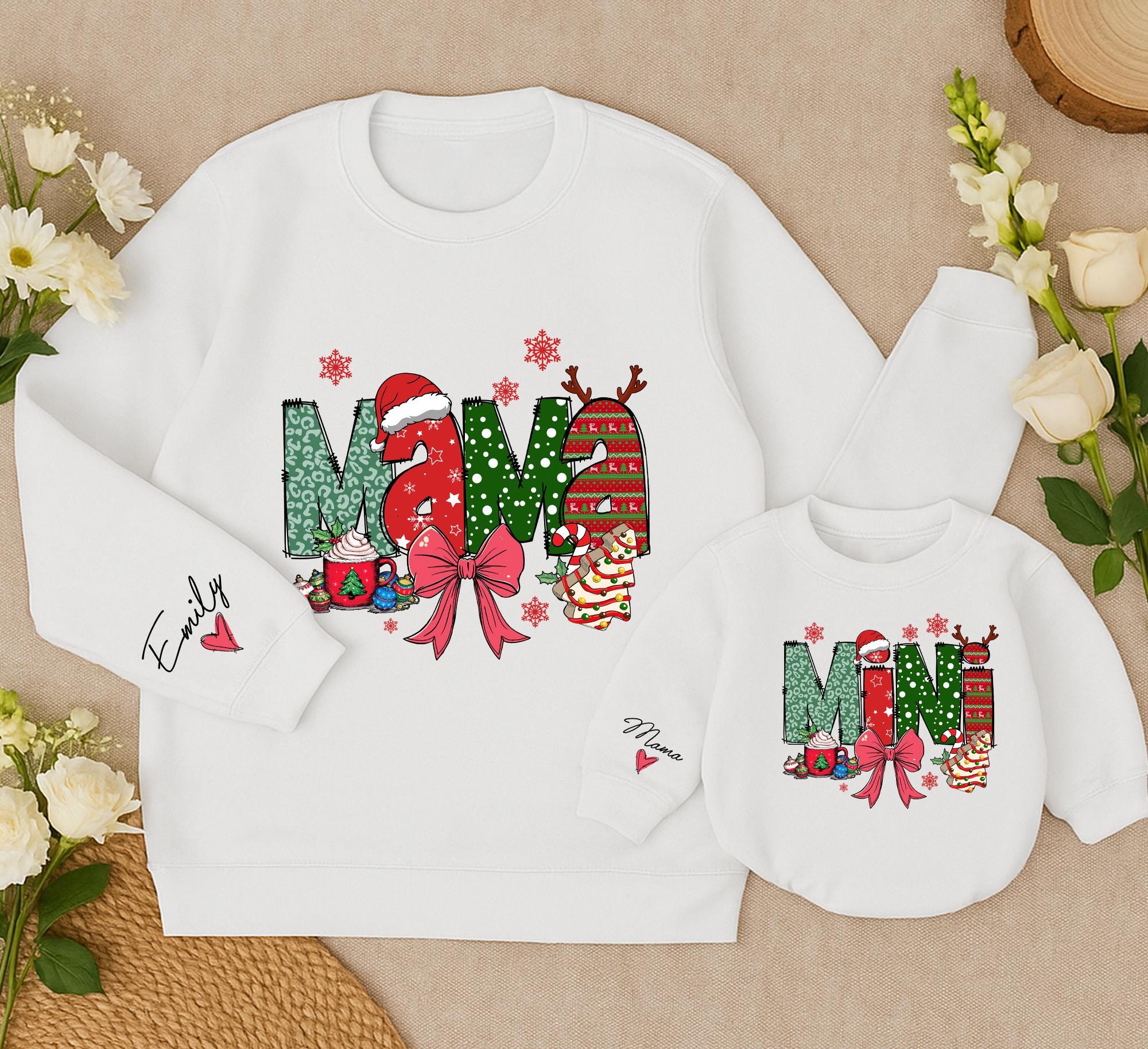 Festive Christmas Matching Mama and Mini Sweatshirts Family Holiday Outfit Cozy Cotton Mom Baby Girl Gift Red Green Design