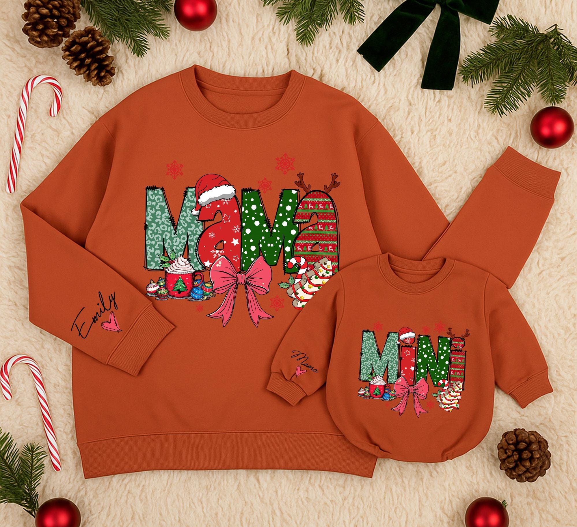 Festive Christmas Matching Mama and Mini Sweatshirts Family Holiday Outfit Cozy Cotton Mom Baby Girl Gift Red Green Design
