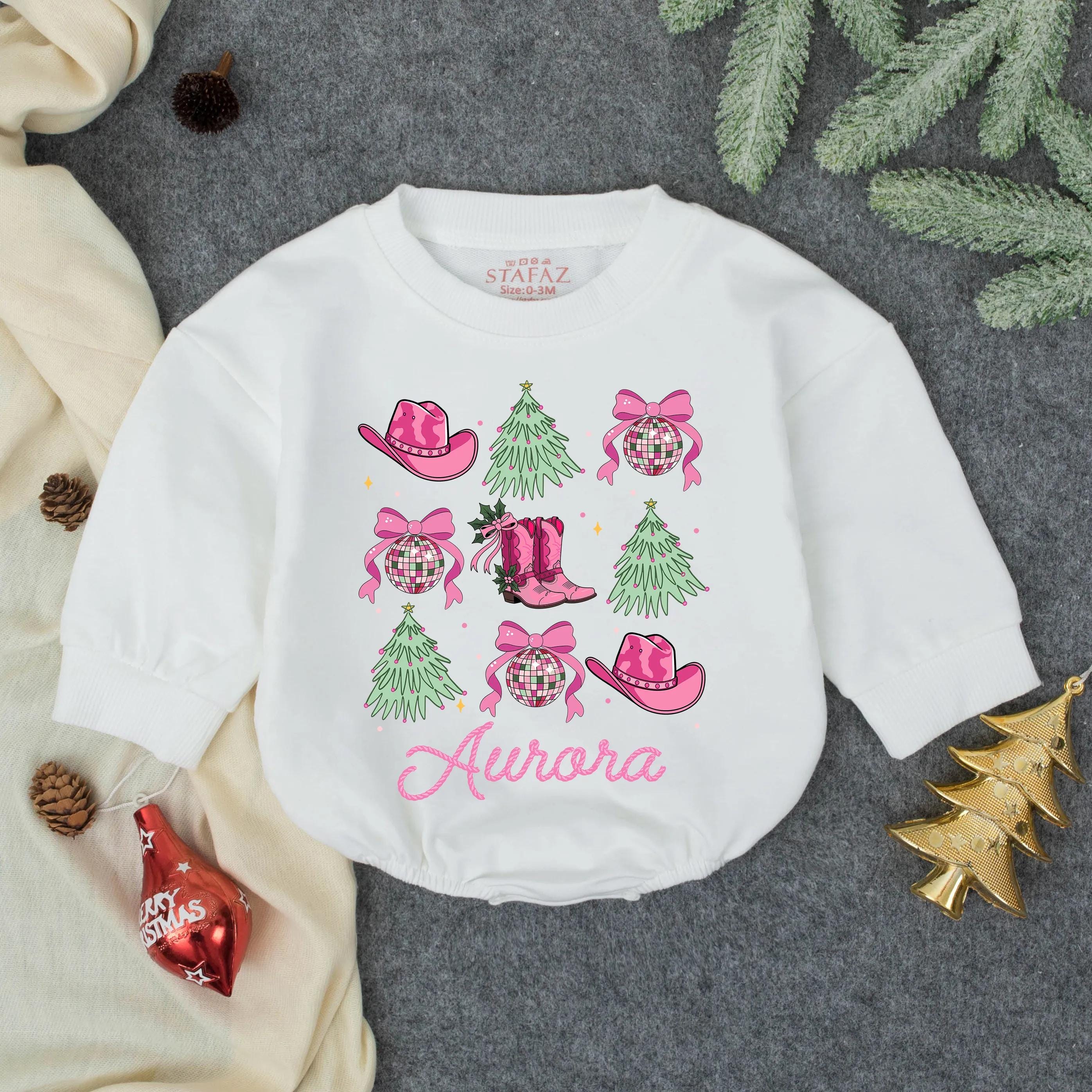 Festive Cowgirl Christmas Bubble Romper with Pink Western Hat and Tree Artwork, Custom Name Infant Holiday Outfit
