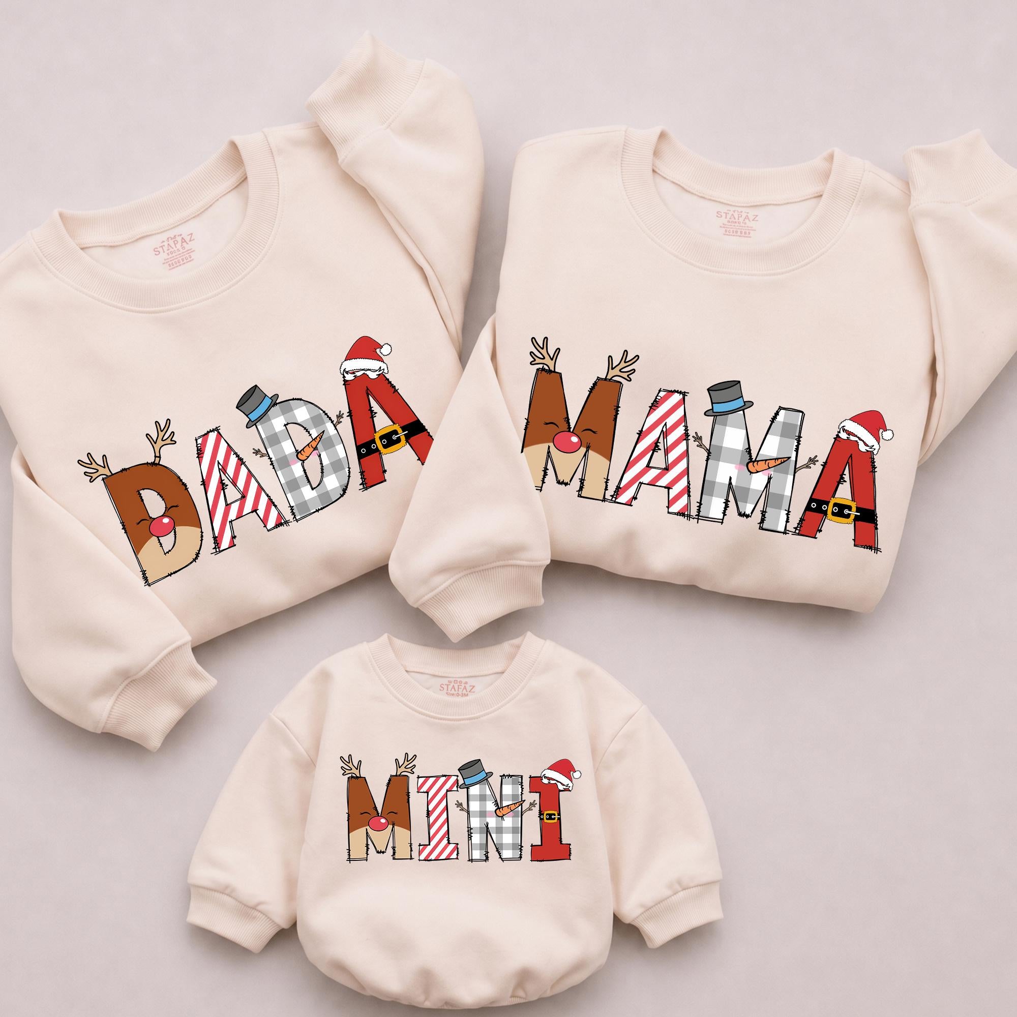 Festive DADA MAMA MINI Matching Family Sweatshirts, Christmas Reindeer & Santa Hat Design, Personalized Holiday Outfits