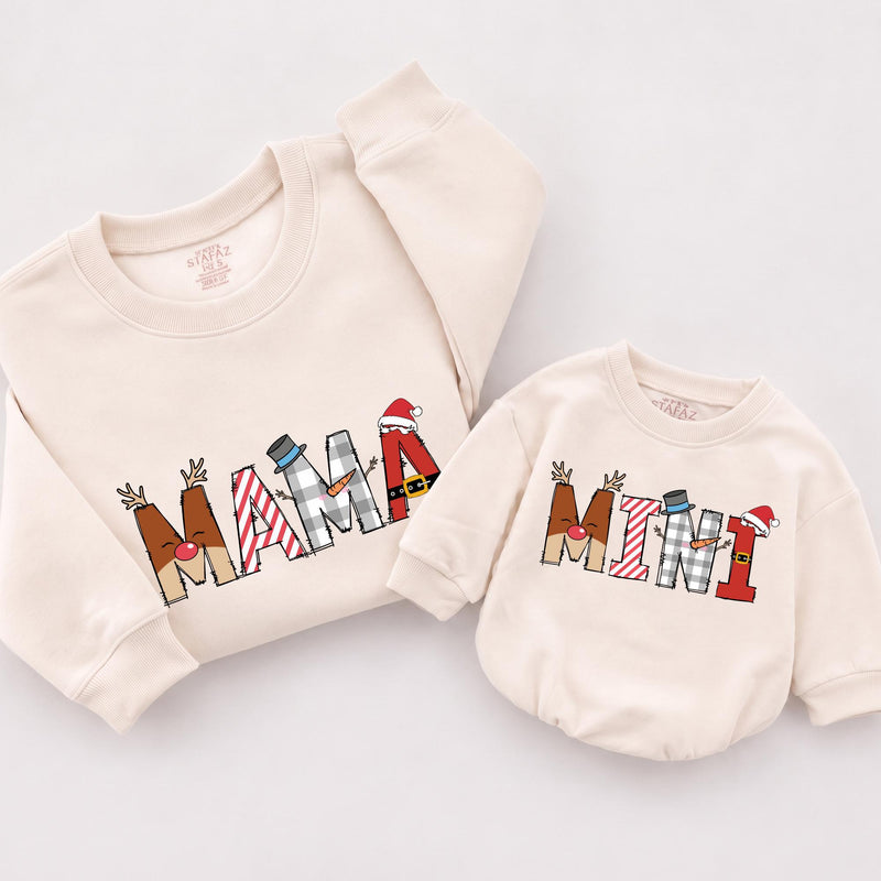 Festive DADA MAMA MINI Matching Family Sweatshirts, Christmas Reindeer & Santa Hat Design, Personalized Holiday Outfits