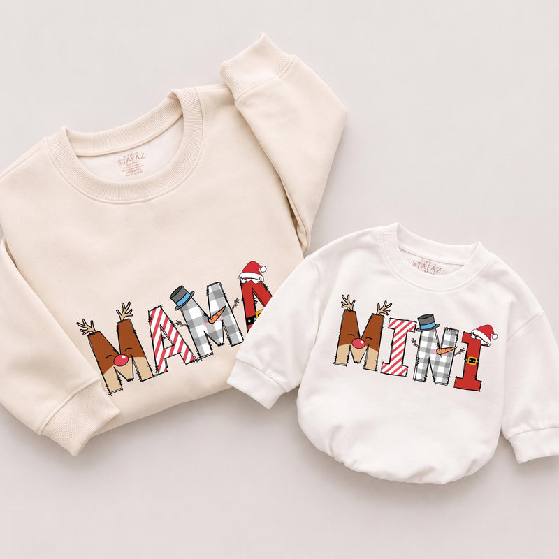 Festive DADA MAMA MINI Matching Family Sweatshirts, Christmas Reindeer & Santa Hat Design, Personalized Holiday Outfits