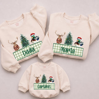 Festive Deer and Duck Christmas Sweatshirts with Custom Name, Matching Family Holiday Outfits, Winter Xmas Sweater Set