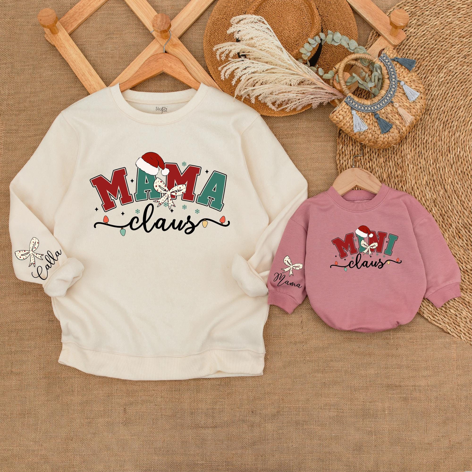 Festive Mama and Mini Claus Matching Family Christmas Sweatshirts Personalized Holiday Outfits Cozy Cotton Soft Christmas Sweaters