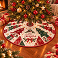 Festive Patchwork Christmas Tree Skirt with Custom Family Name, Holiday Decor in Red, Green, and Gold for a Cozy Celebration