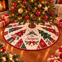 Festive Patchwork Christmas Tree Skirt with Custom Family Name, Holiday Decor in Red, Green, and Gold for a Cozy Celebration