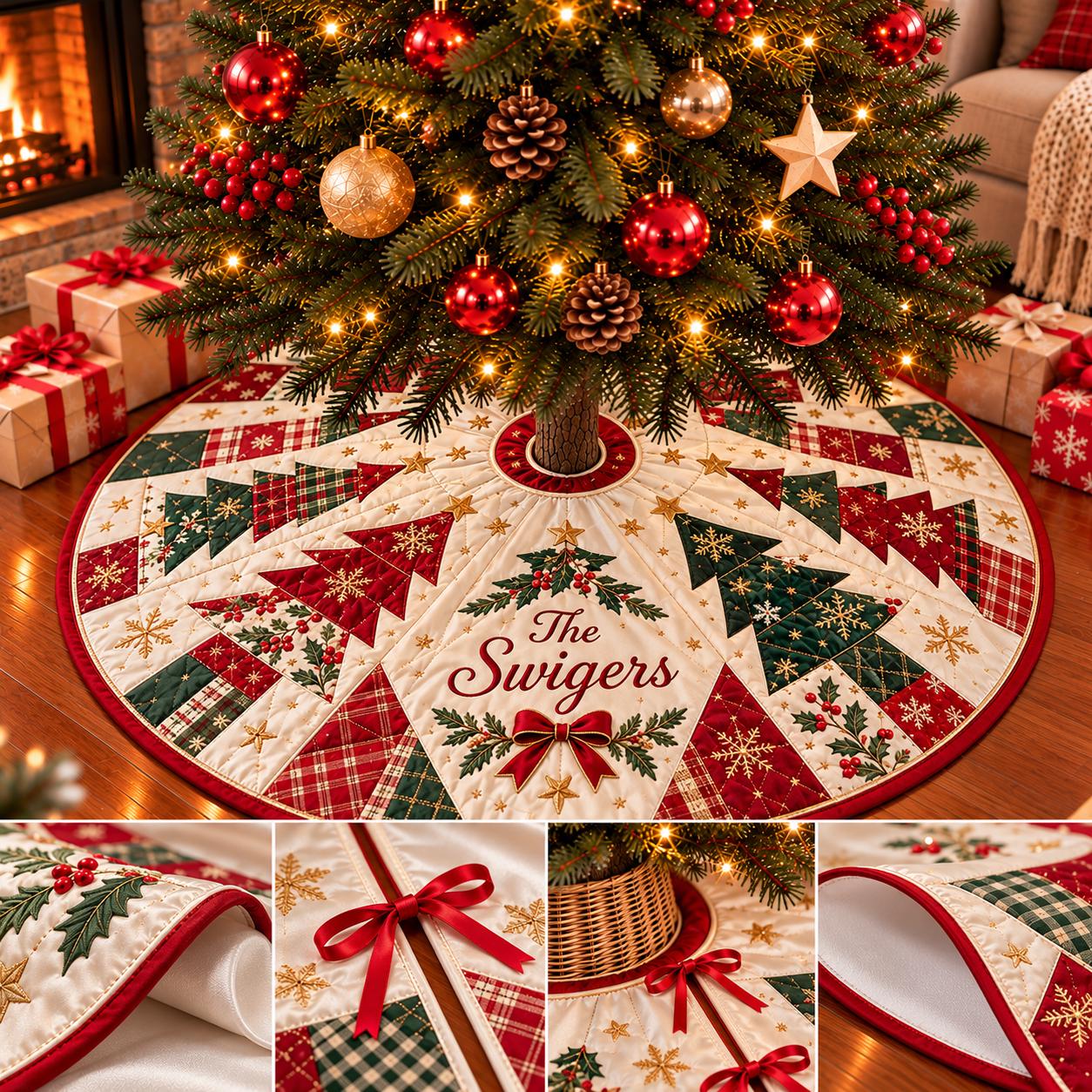 Festive Patchwork Christmas Tree Skirt with Custom Family Name, Holiday Decor in Red, Green, and Gold for a Cozy Celebration