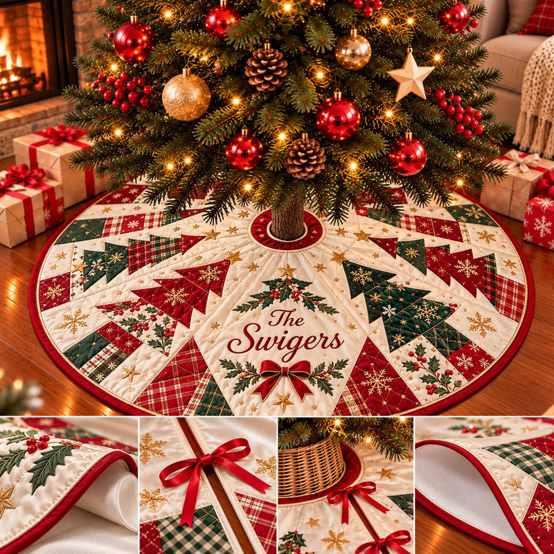 Festive Patchwork Christmas Tree Skirt with Custom Family Name, Holiday Decor in Red, Green, and Gold for a Cozy Celebration