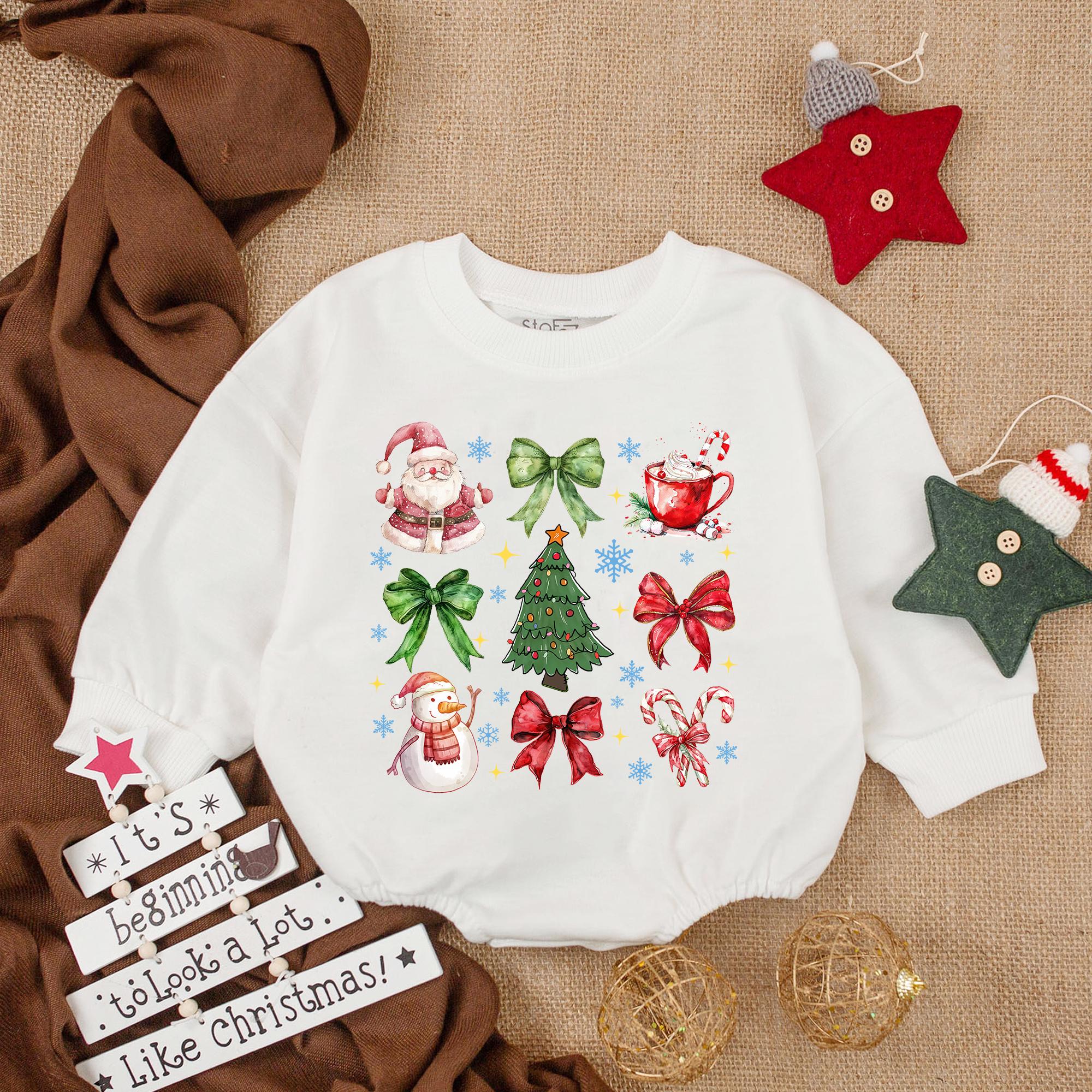 Festive Retro Christmas Baby Romper with Santa Snowman Tree Holiday Infant Outfit Gift for My First Christmas Nostalgic Design