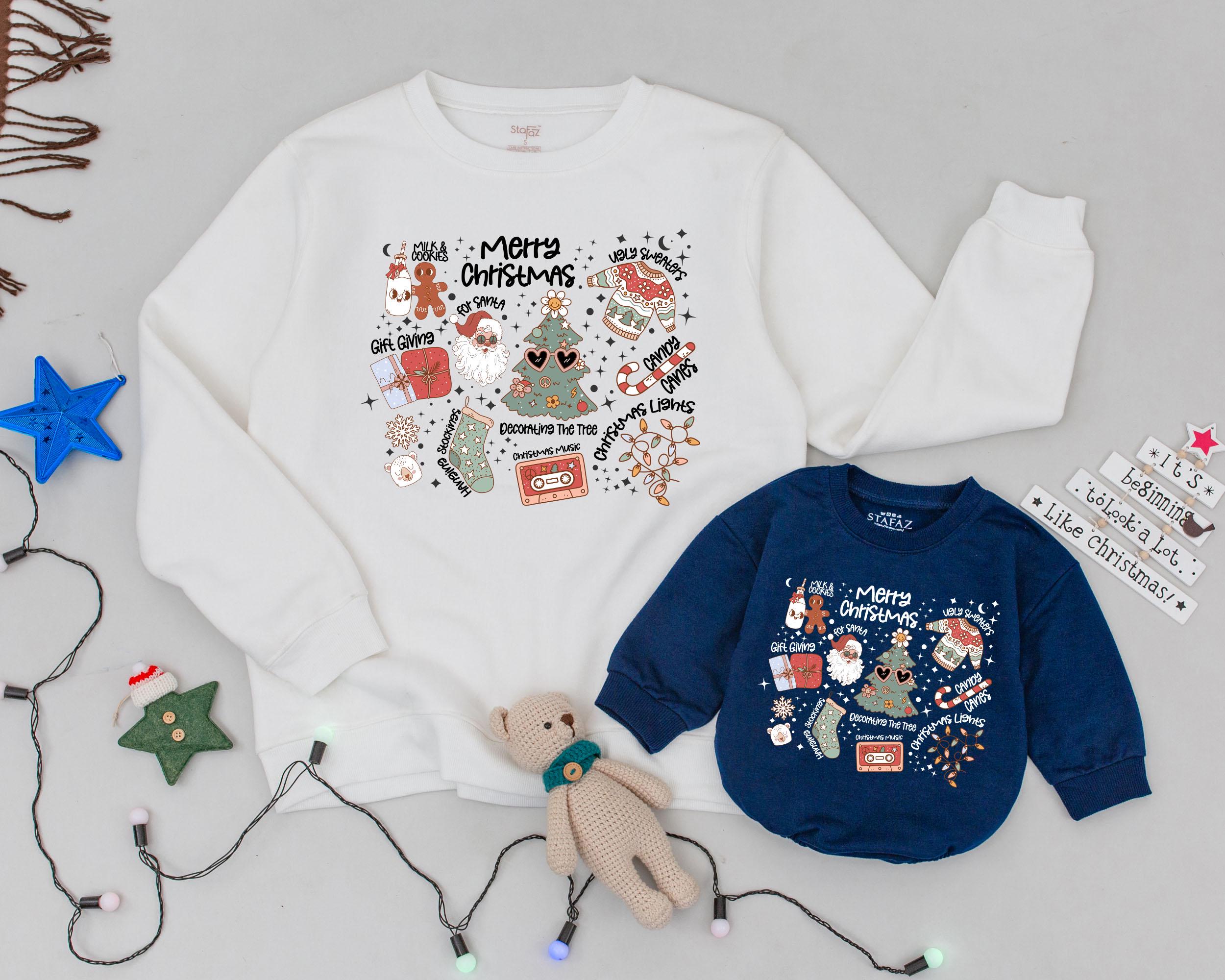 Festive Retro Christmas Sweatshirt Matching Family Outfit Mama and Mini Holiday Gift Cozy Soft Fun Design with Colorful Doodles