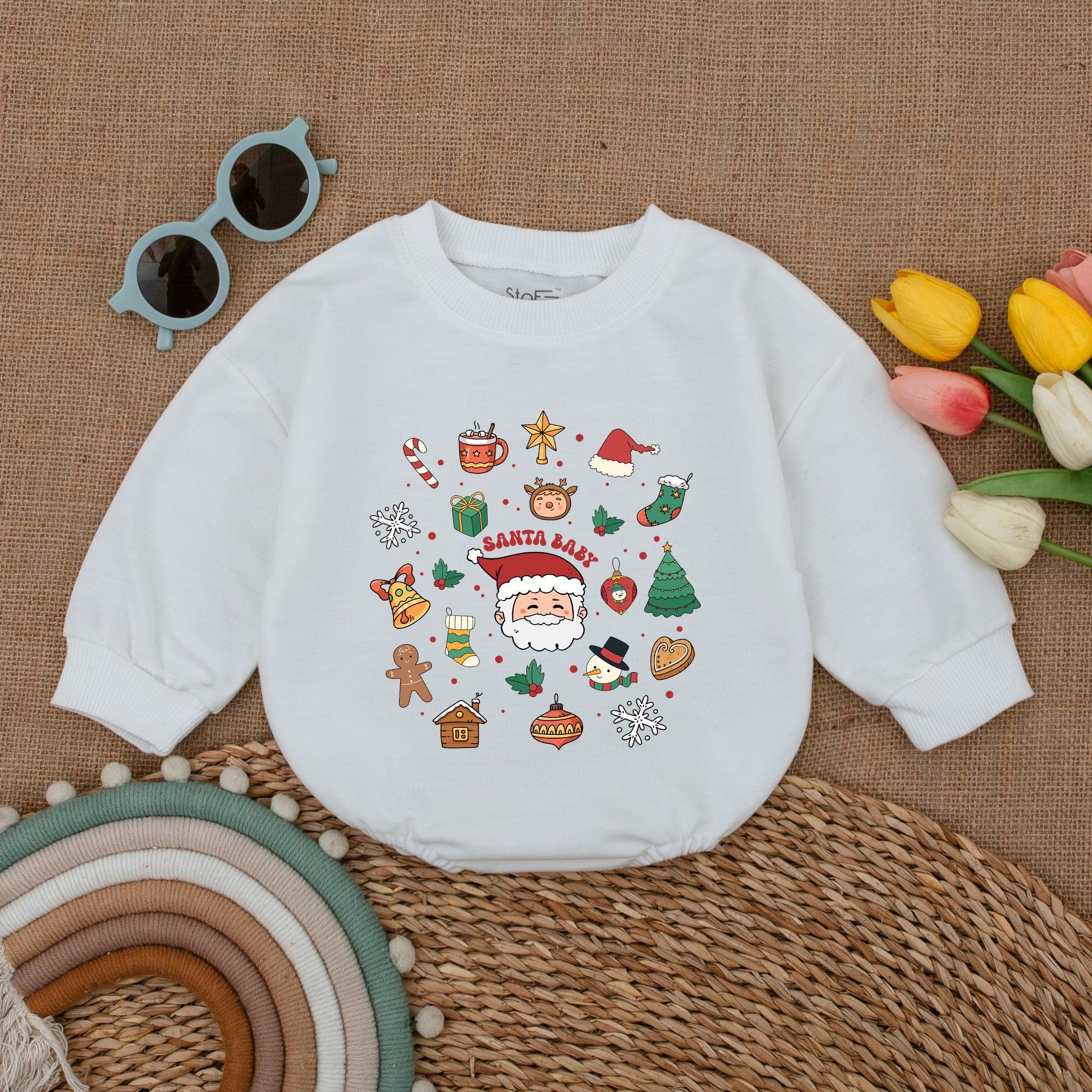 Festive Santa Baby Christmas Romper with Cheerful Graphics Infant Holiday Bodysuit Colorful First Christmas Outfit Candy Cane Design