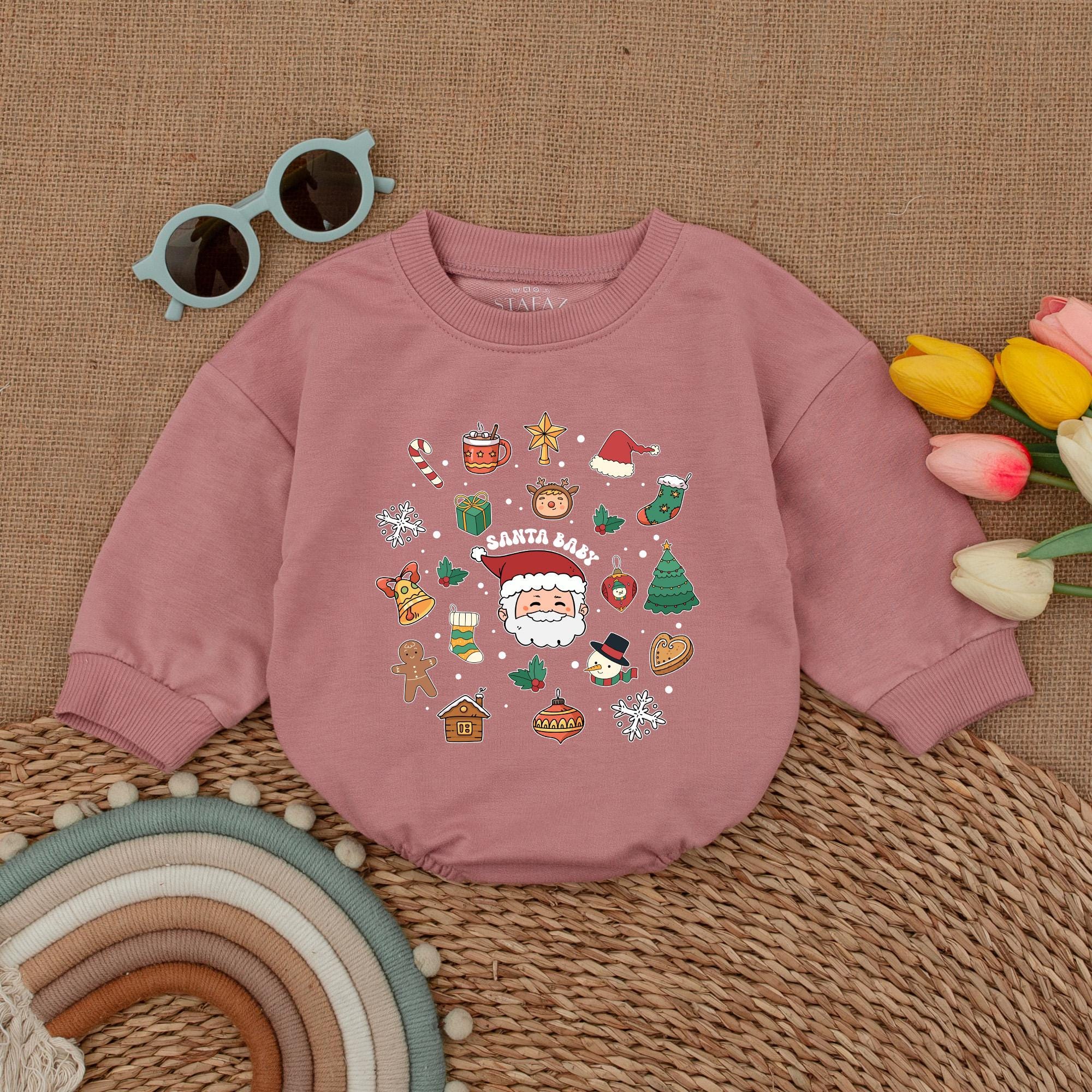 Festive Santa Baby Christmas Romper with Cheerful Graphics Infant Holiday Bodysuit Colorful First Christmas Outfit Candy Cane Design