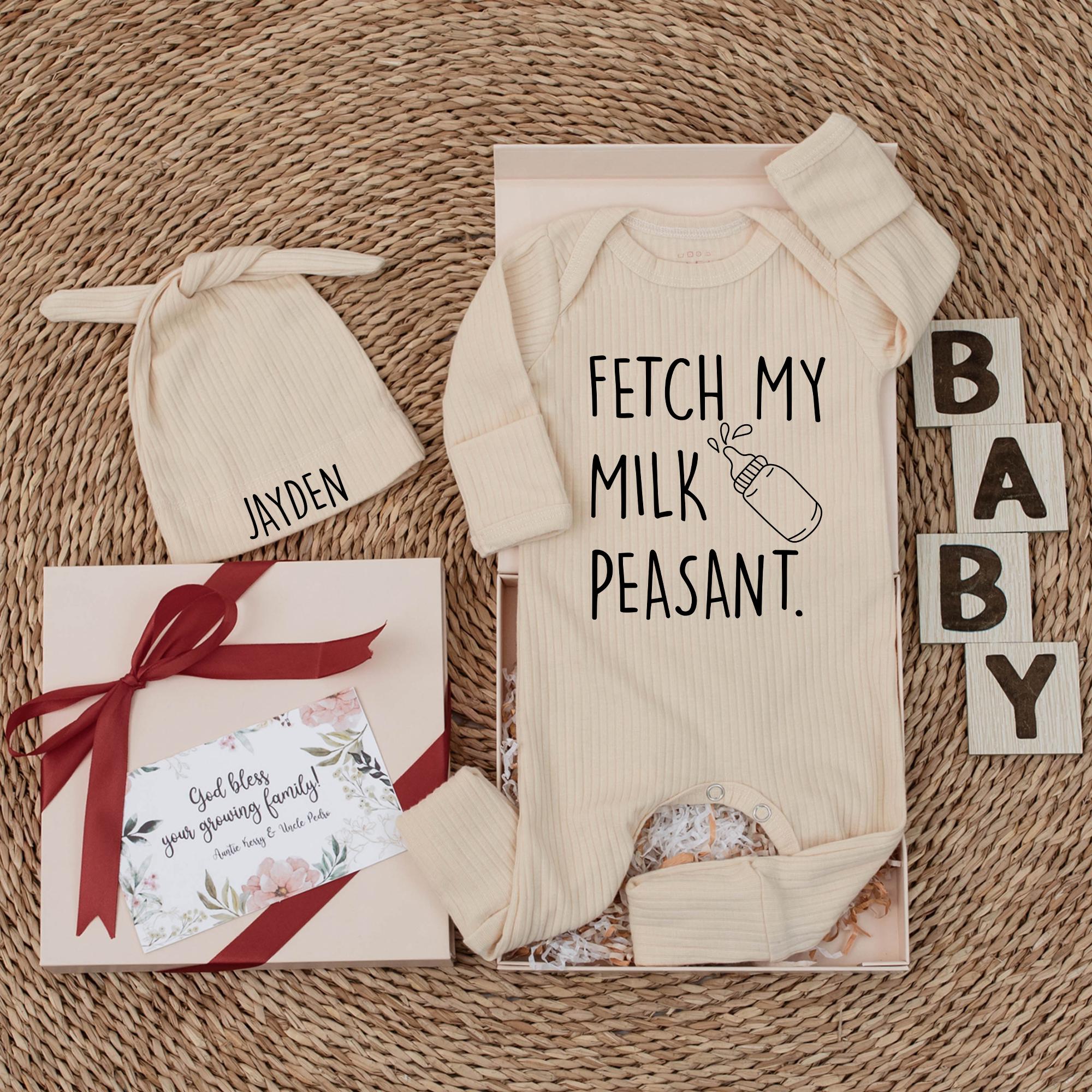 Fetch My Milk Peasant Baby Bodysuit Personalized Newborn Outfit Funny Gift for Baby Shower, Soft Cotton Design with Playful Baby Bottle