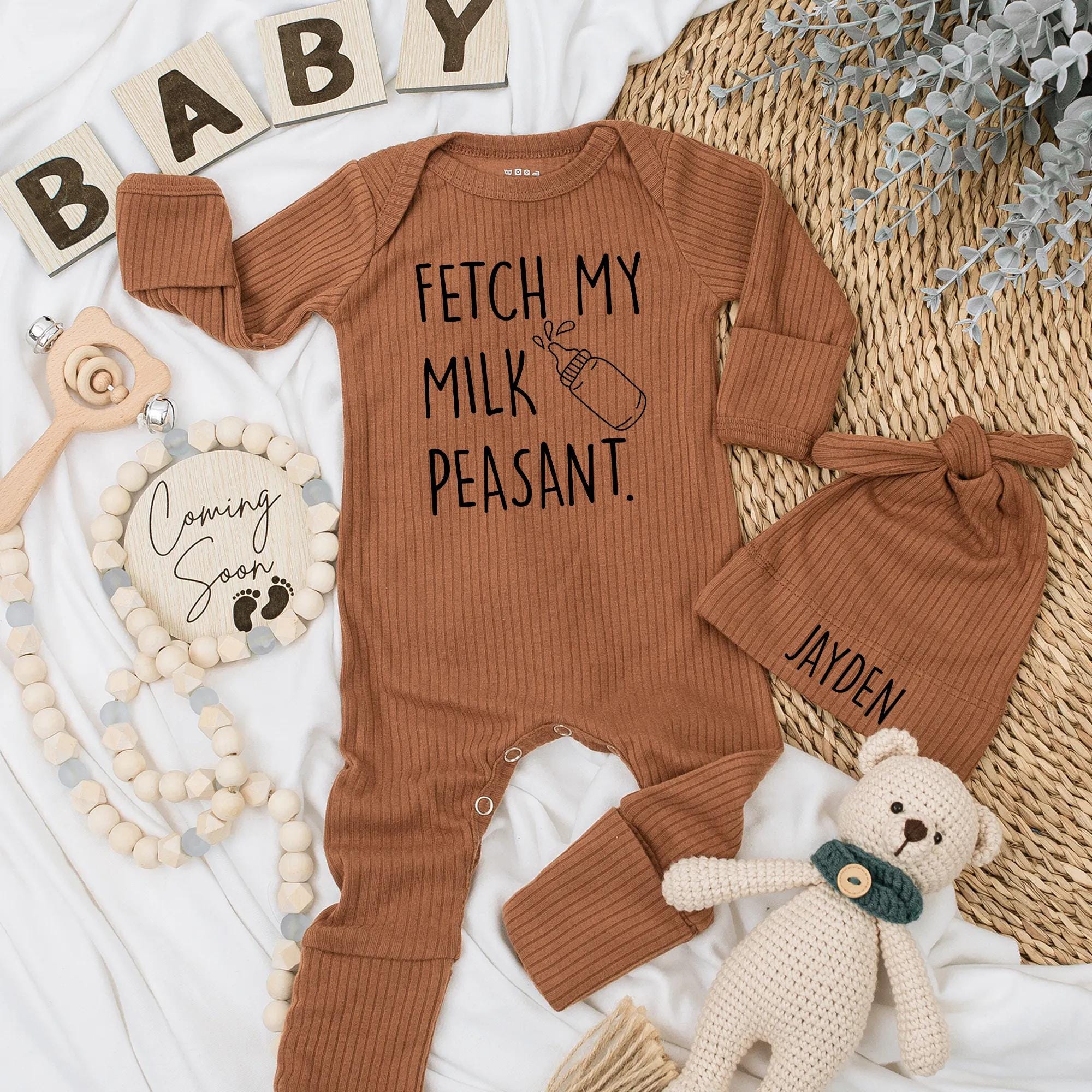 Fetch My Milk Peasant Baby Bodysuit Personalized Newborn Outfit Funny Gift for Baby Shower, Soft Cotton Design with Playful Baby Bottle