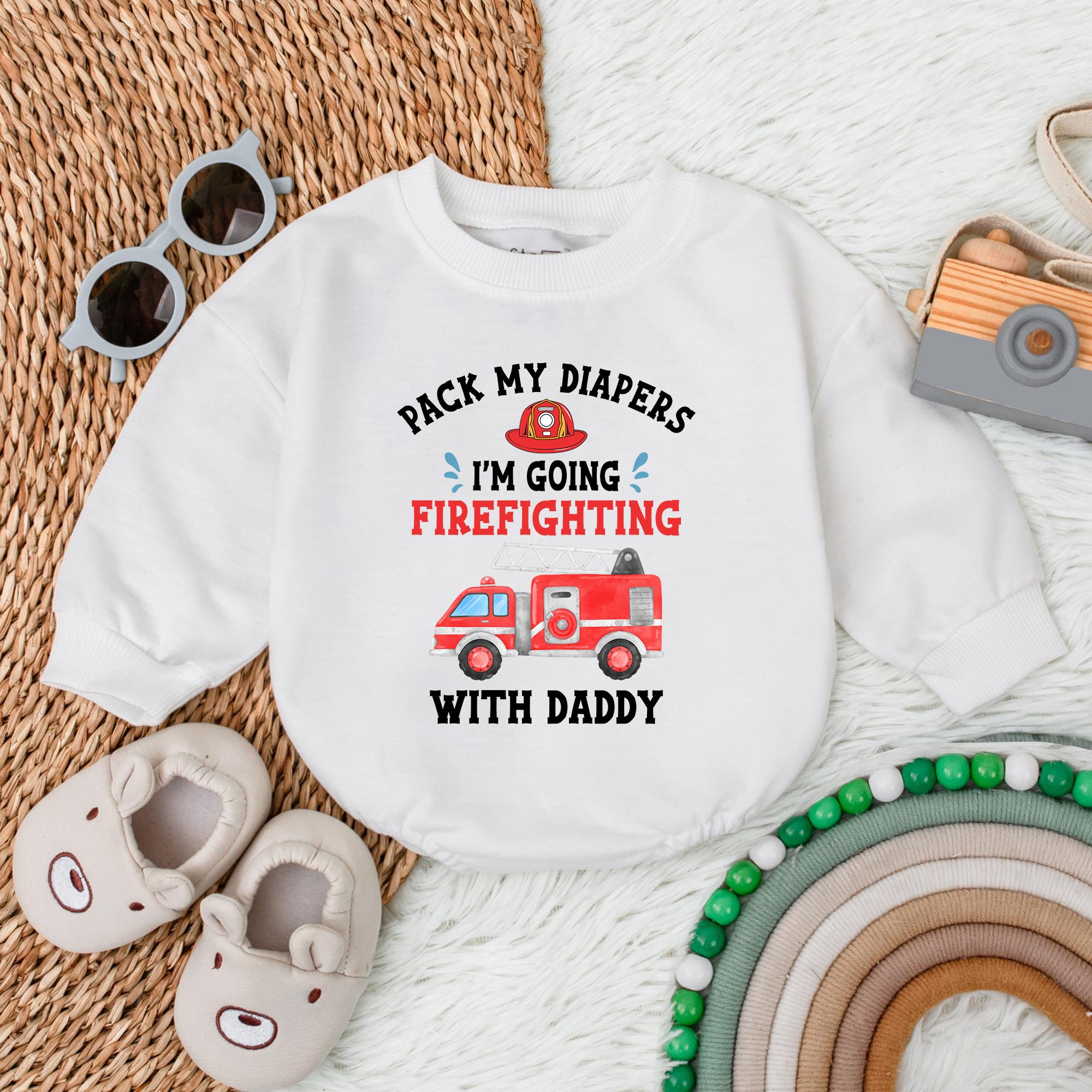 Firefighter Baby Romper Pack My Diapers I'm Going Firefighting with Daddy Funny Infant Bodysuit Gift Soft Cotton Red Fire Truck Design