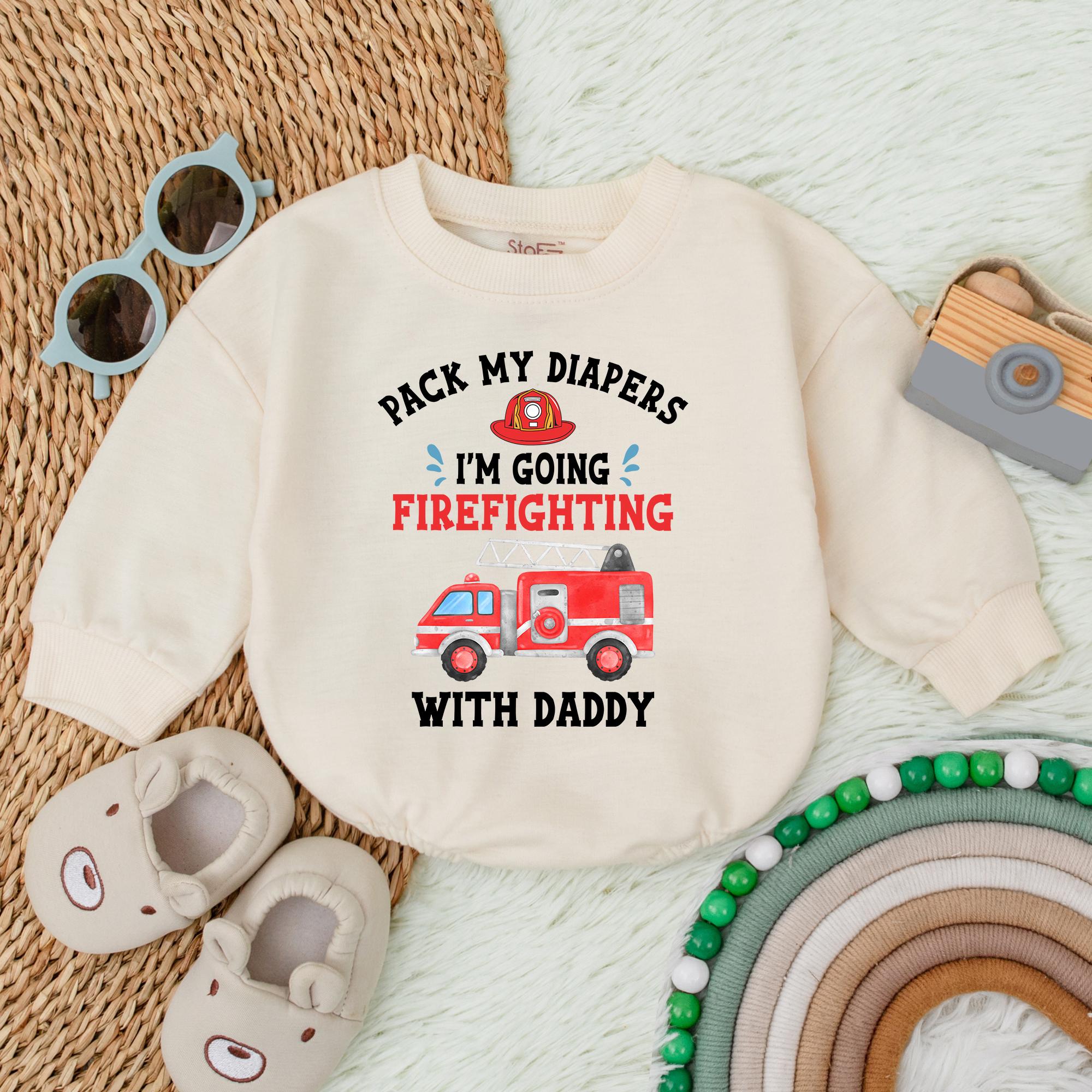 Firefighter Baby Romper Pack My Diapers I'm Going Firefighting with Daddy Funny Infant Bodysuit Gift Soft Cotton Red Fire Truck Design