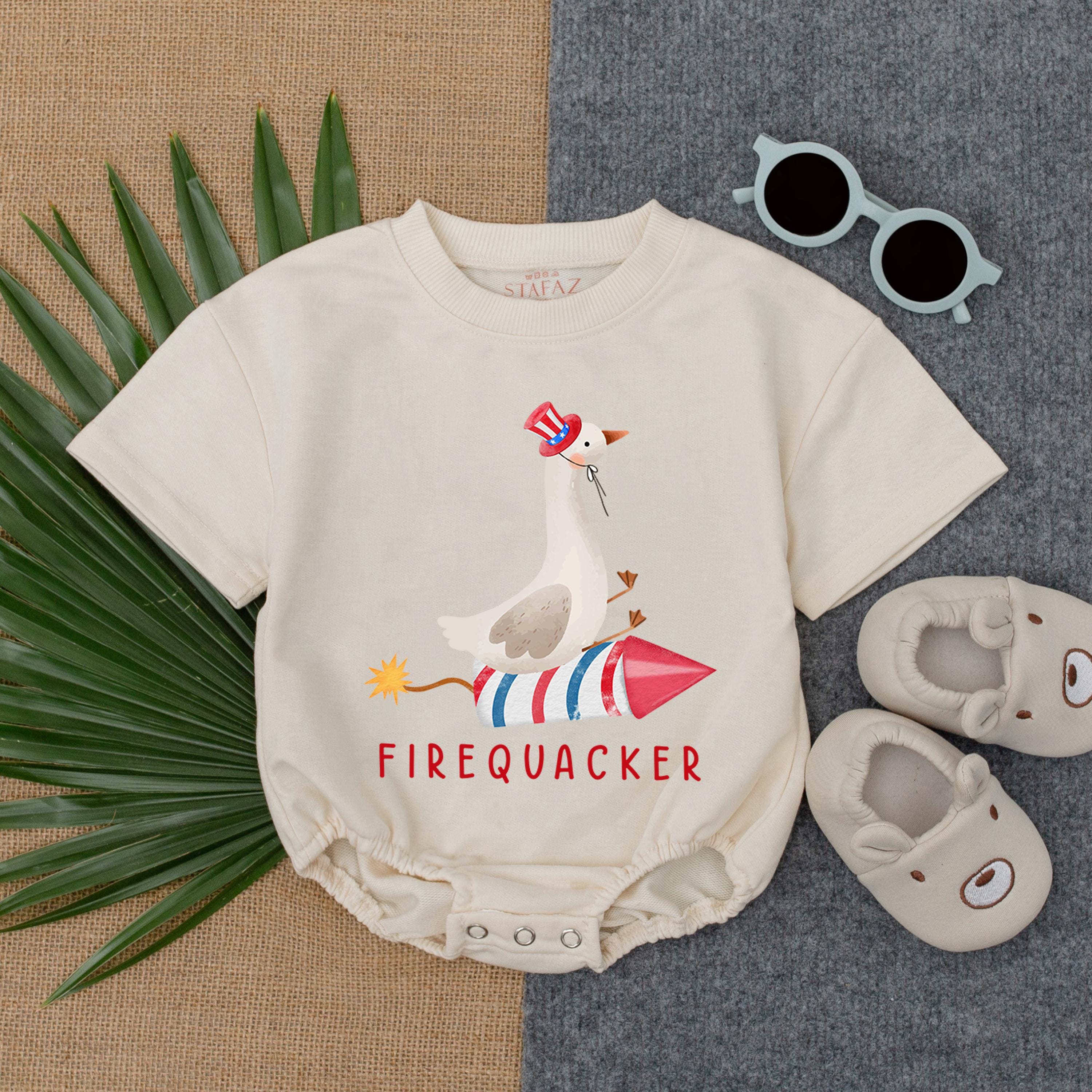 Firequacker Baby Romper Whimsical Duck Rocket Patriotic Red White Blue Outfit Independence Day Infant Funny Fourth of July T-shirt